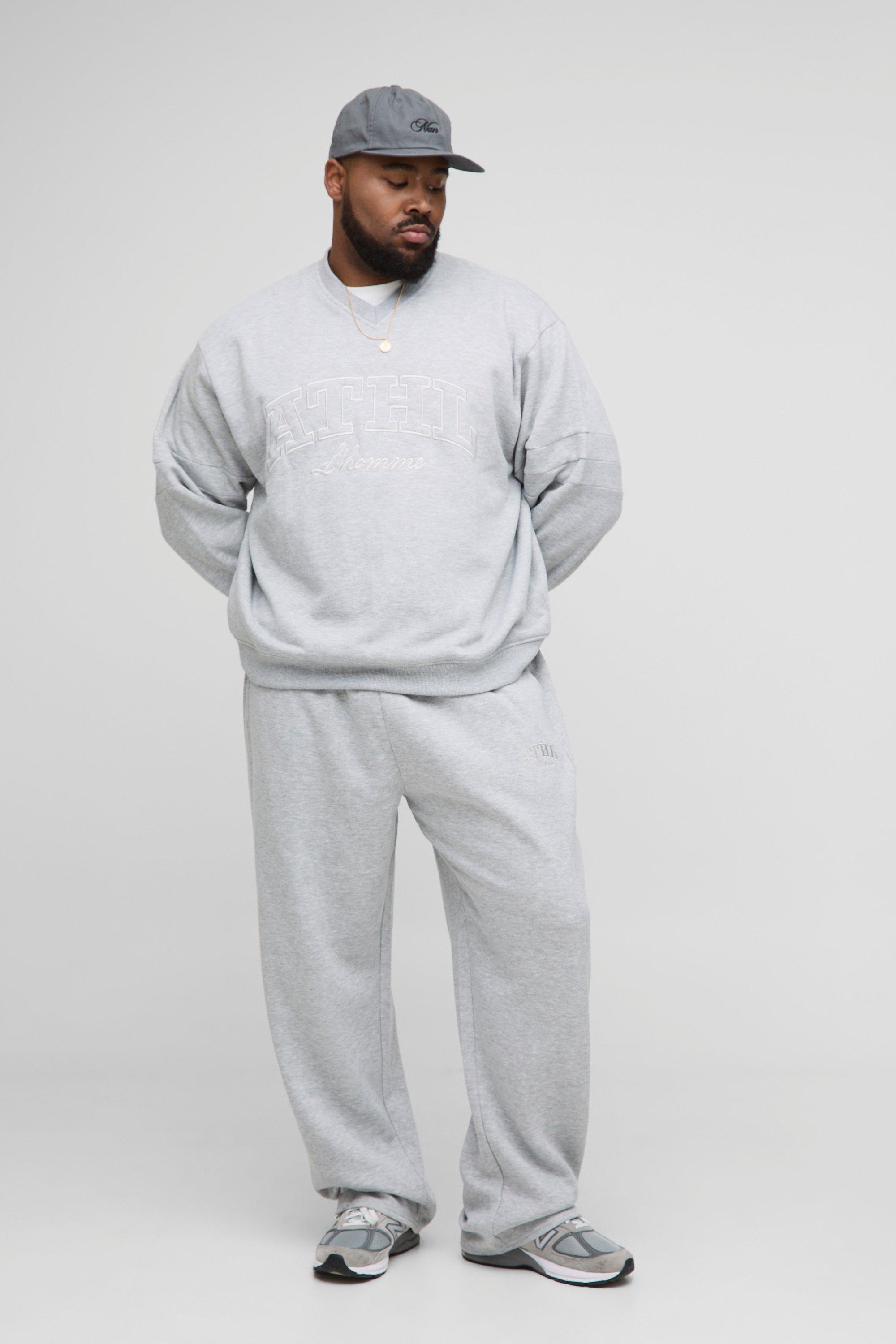 Image of Plus Oversized Boxy V-Neck Varsity Applique Sweatshirt Tracksuit, Grigio