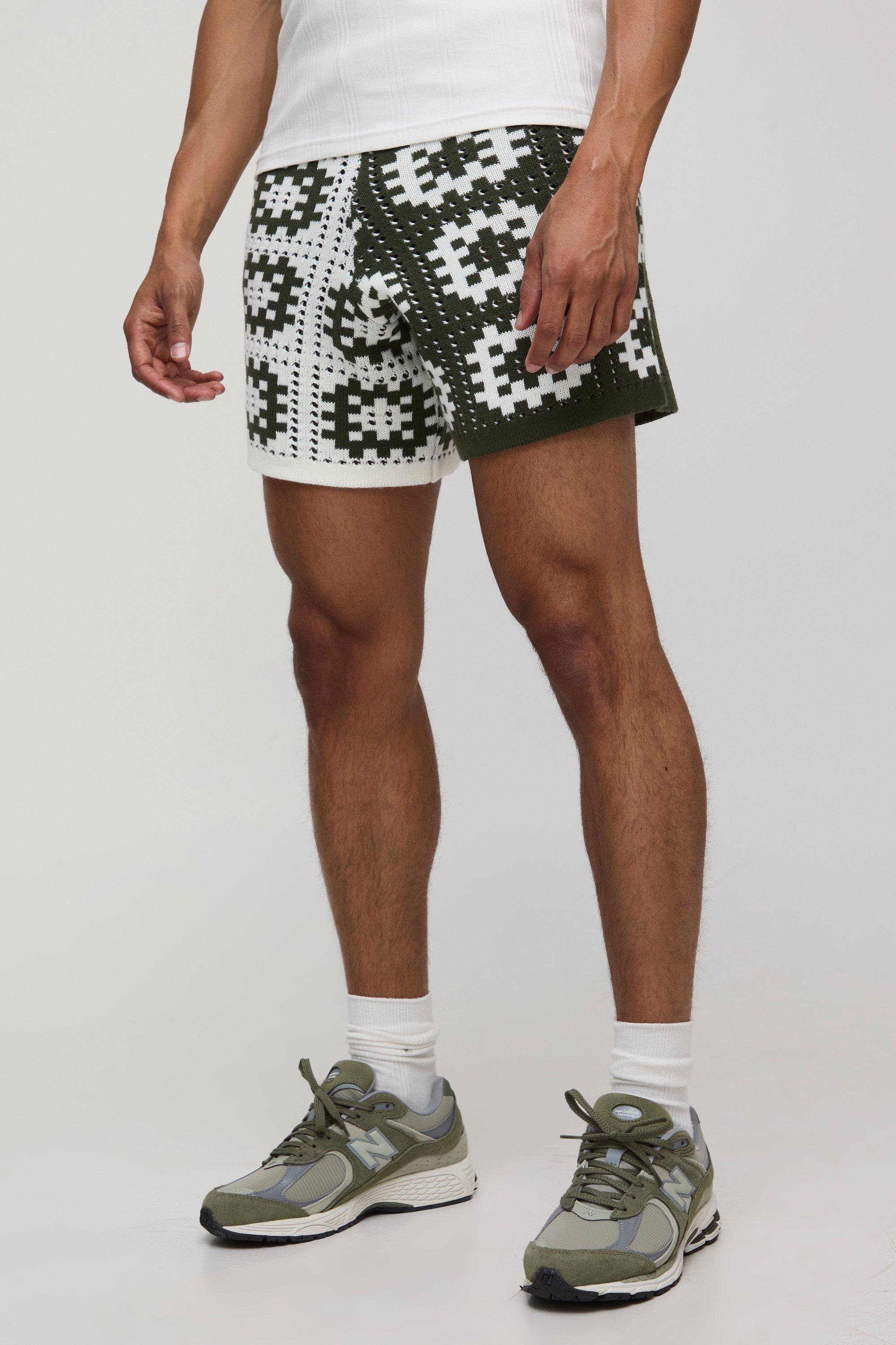 Mens Green Crochet Square Knitted Short, Green