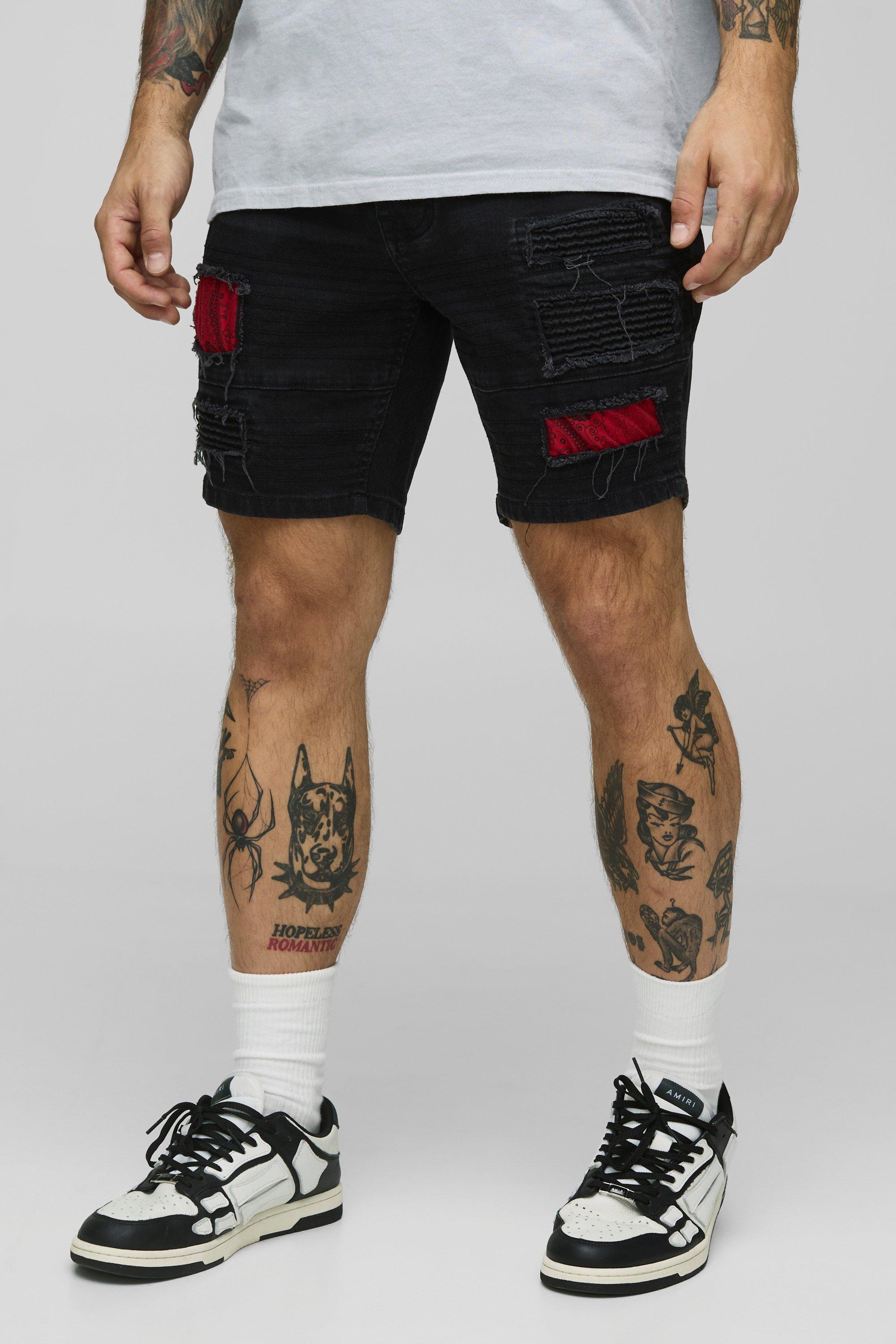 Mens Black Skinny Fit Biker Bandana Rip & Repair Denim Shorts, Black