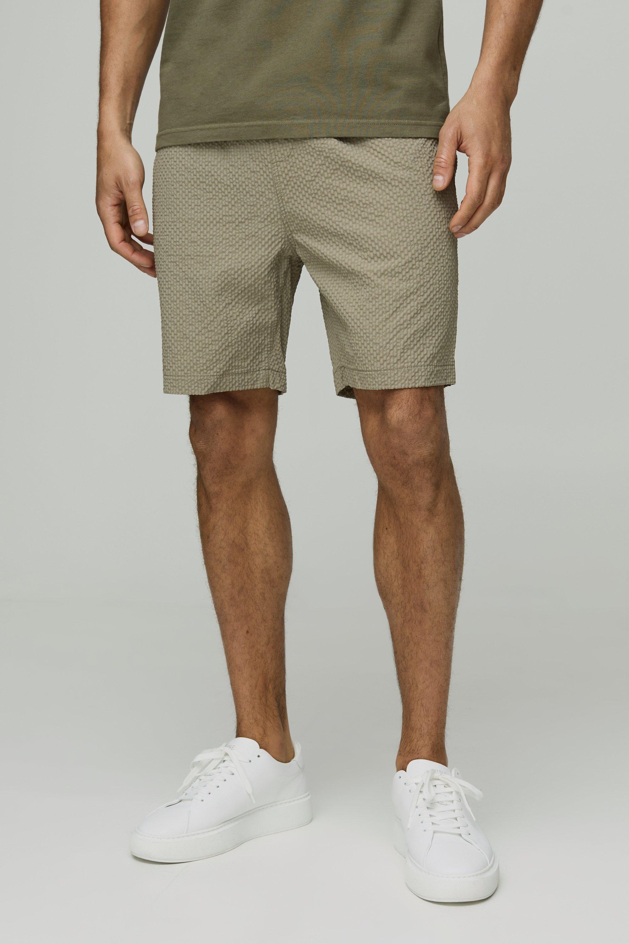 Mens Beige Elasticated Waist Relaxed Mid Length Seersucker Shorts, Beige