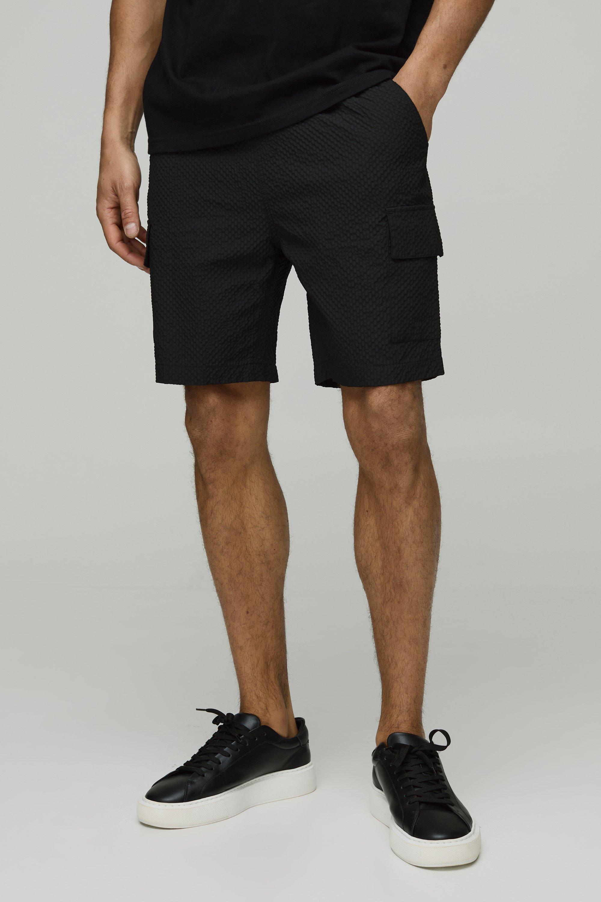 Mens Black Elasticated Waist Relaxed Mid Length Seersucker Cargo Shorts, Black