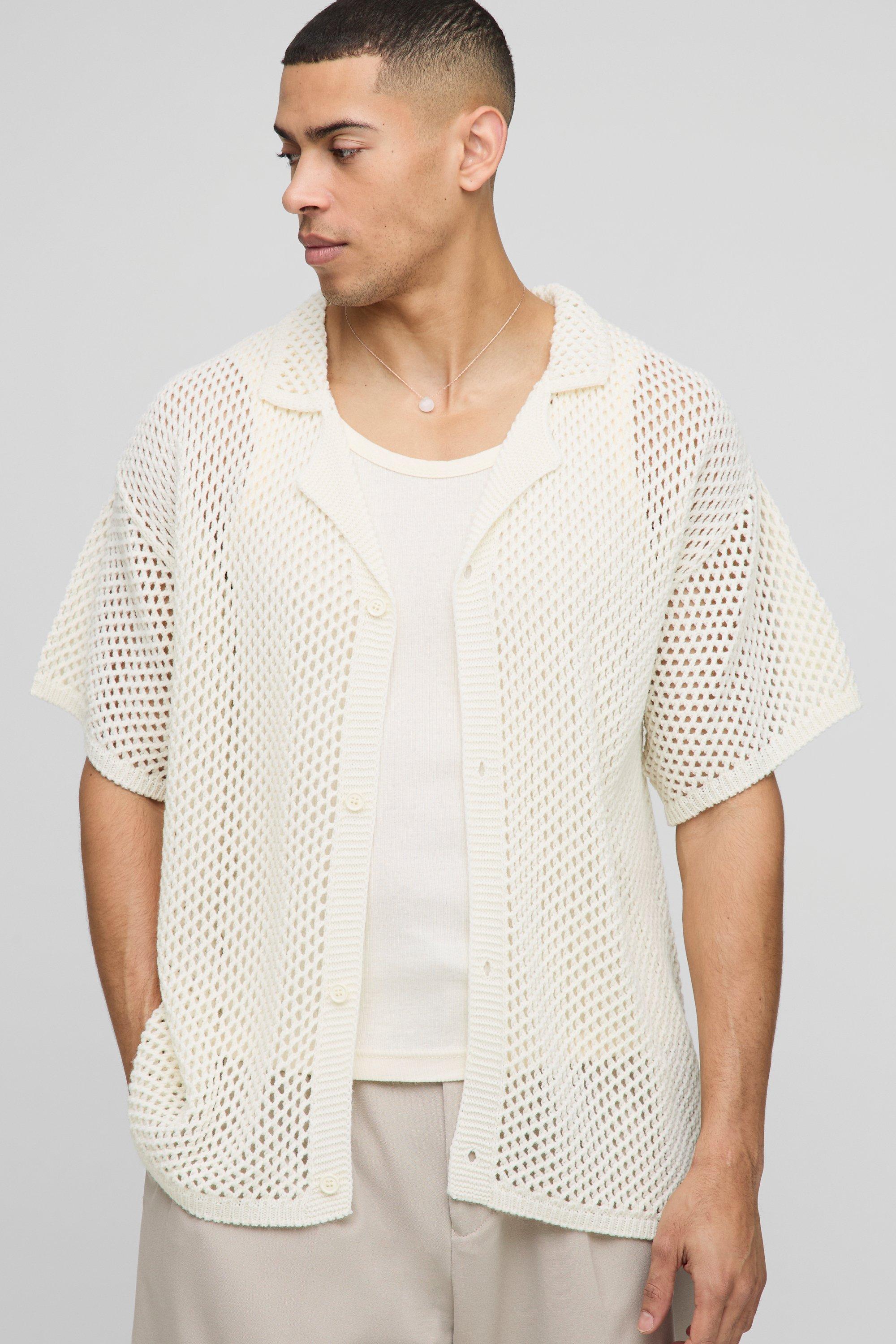 Mens Cream Regular Fit Open Stitch Knitted Shirt, Cream