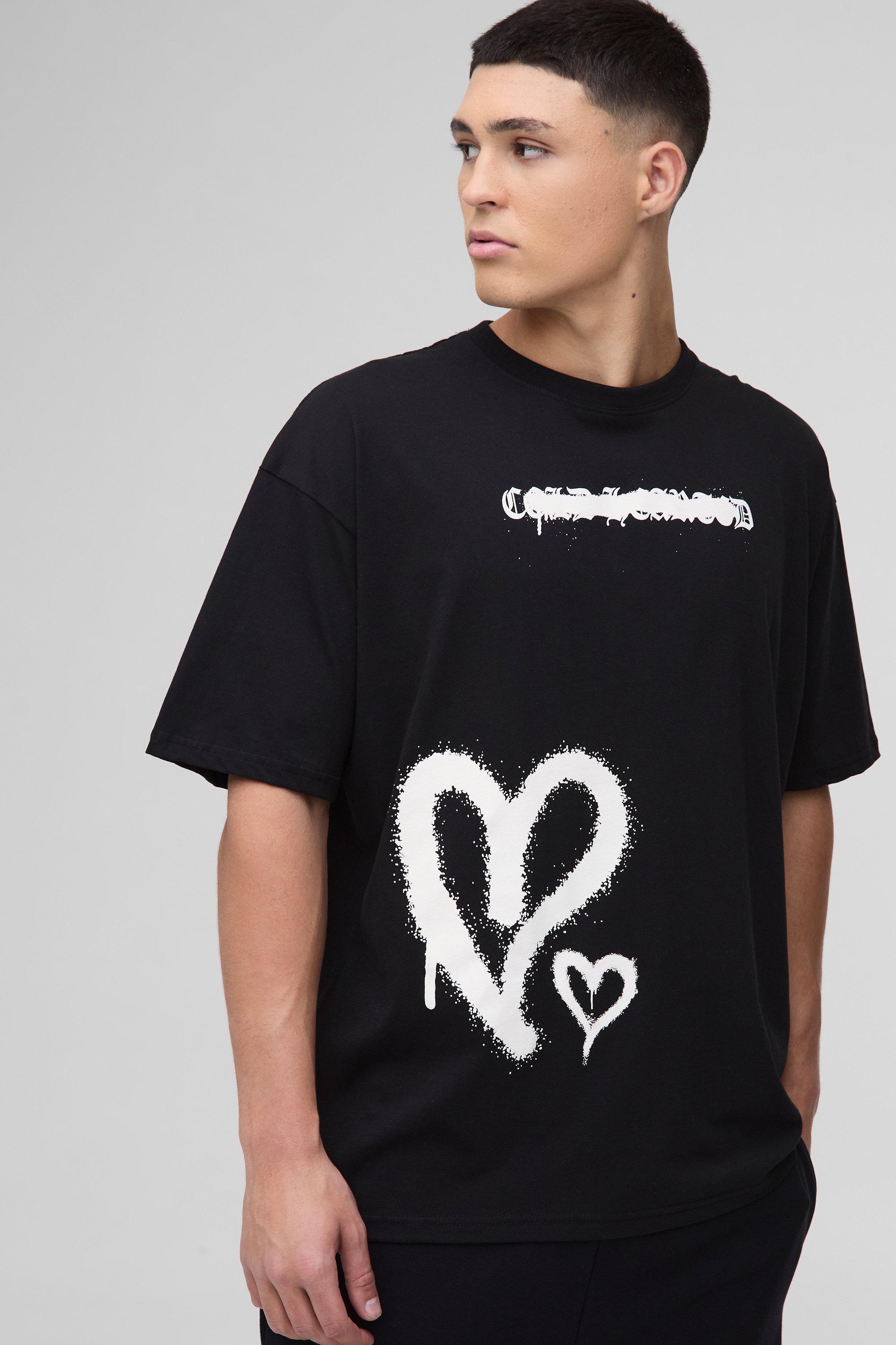 Image of T-shirt oversize con grafica di cuore stile Graffiti, Nero