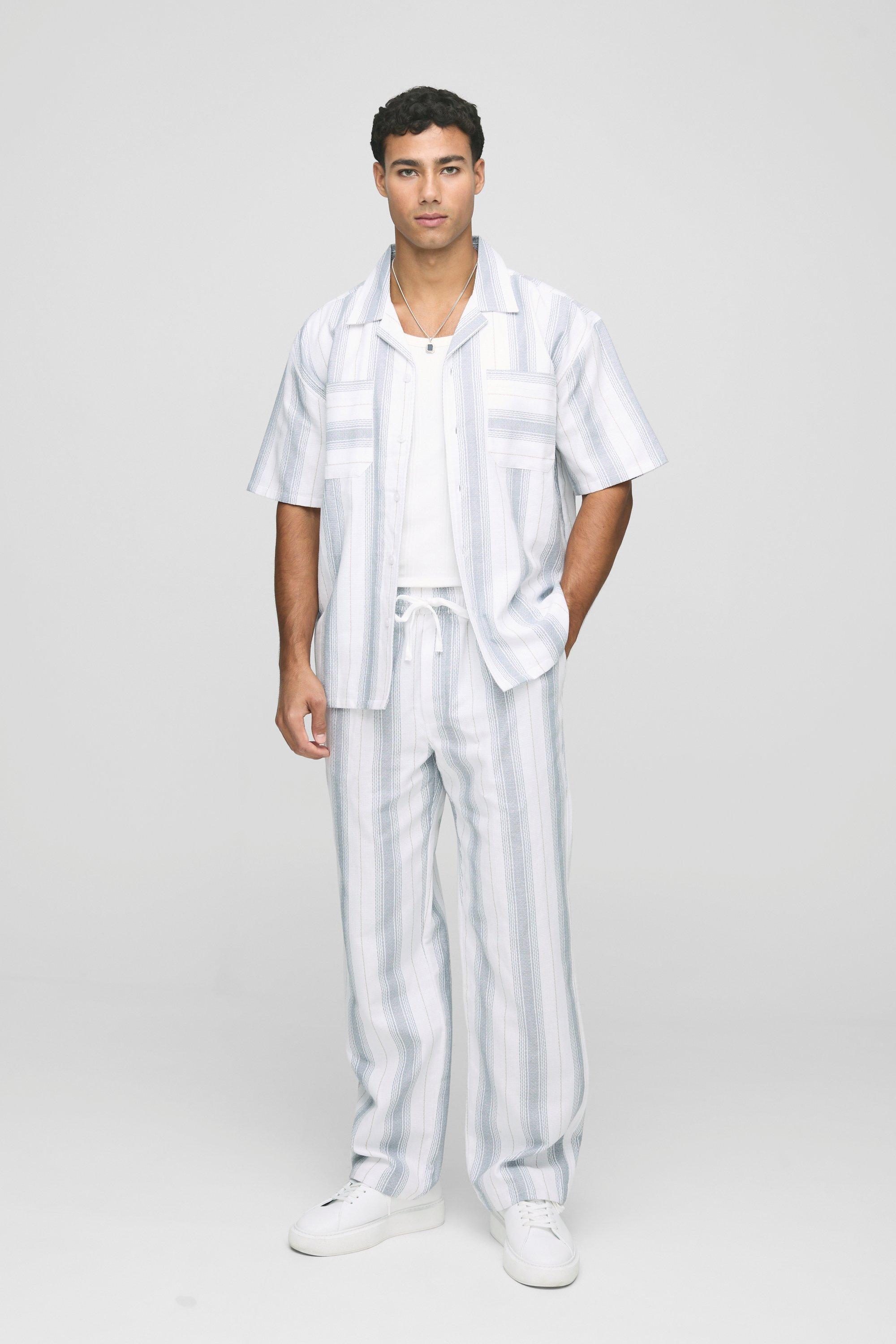 Mens Blue Oversized Textured Shirt & Relaxed Trouser Set, Blue