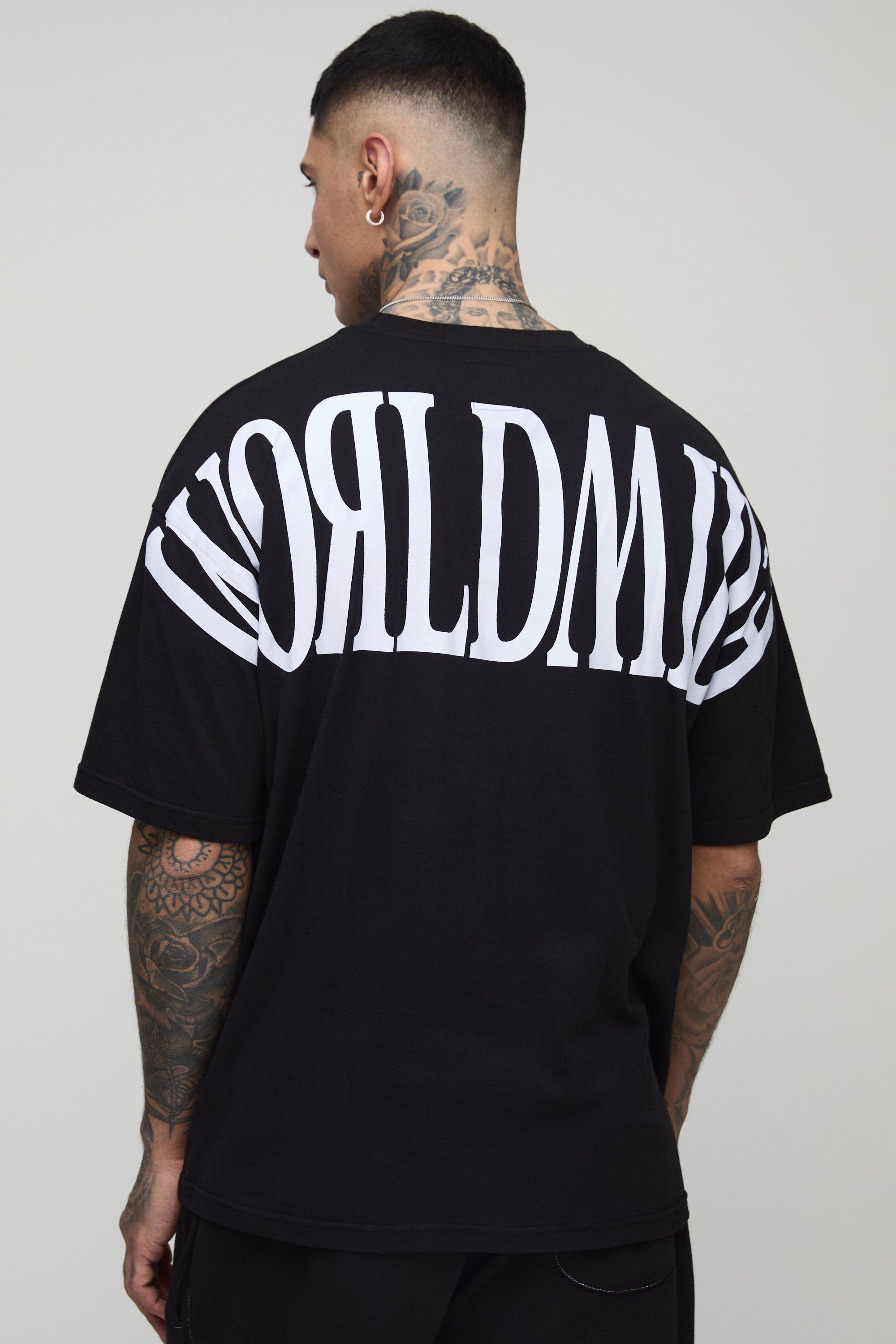 Mens Black Tall Oversized Worldwide Over Seam Print T-Shirt, Black
