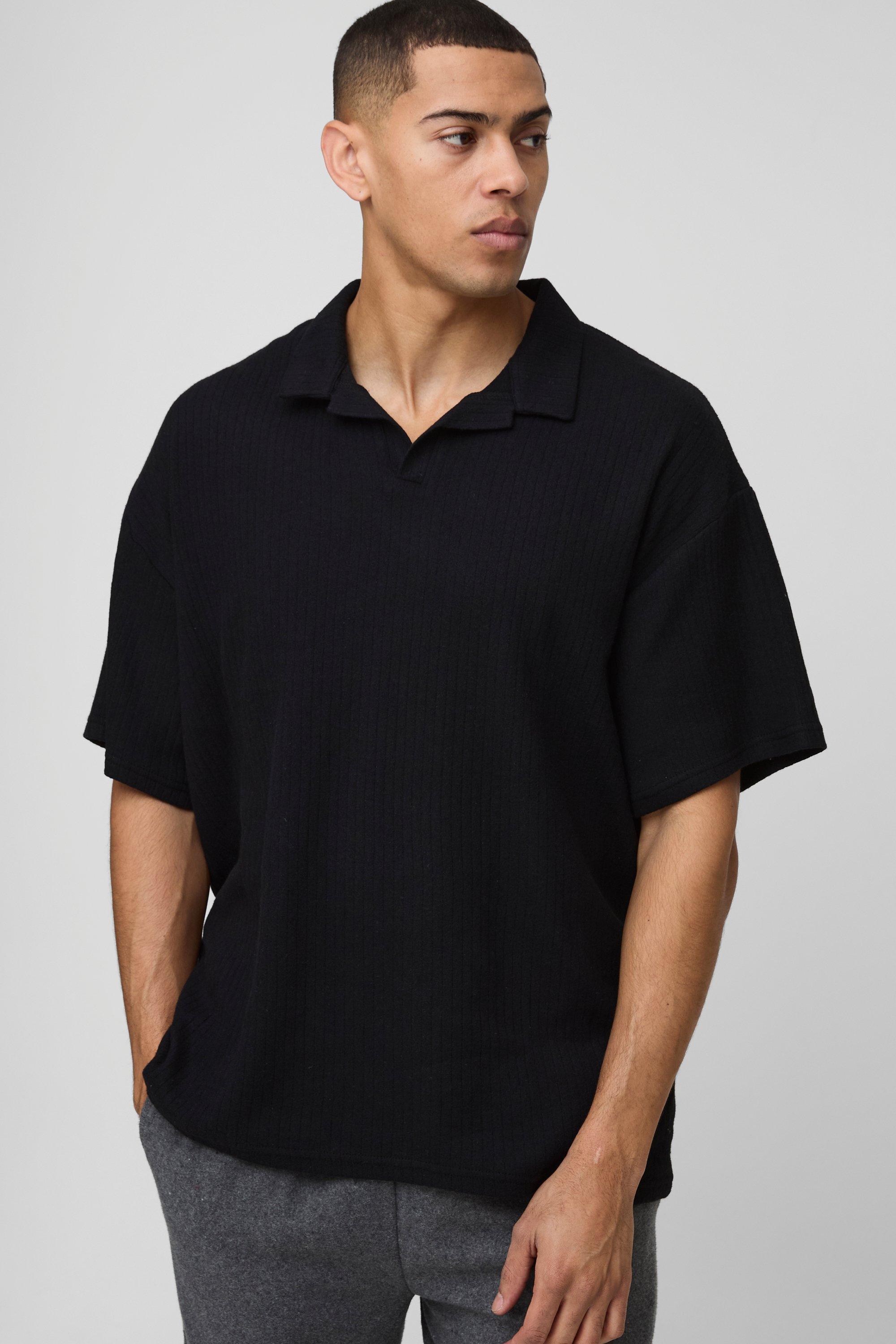 Mens Black Textured Oversized Revere Polo, Black