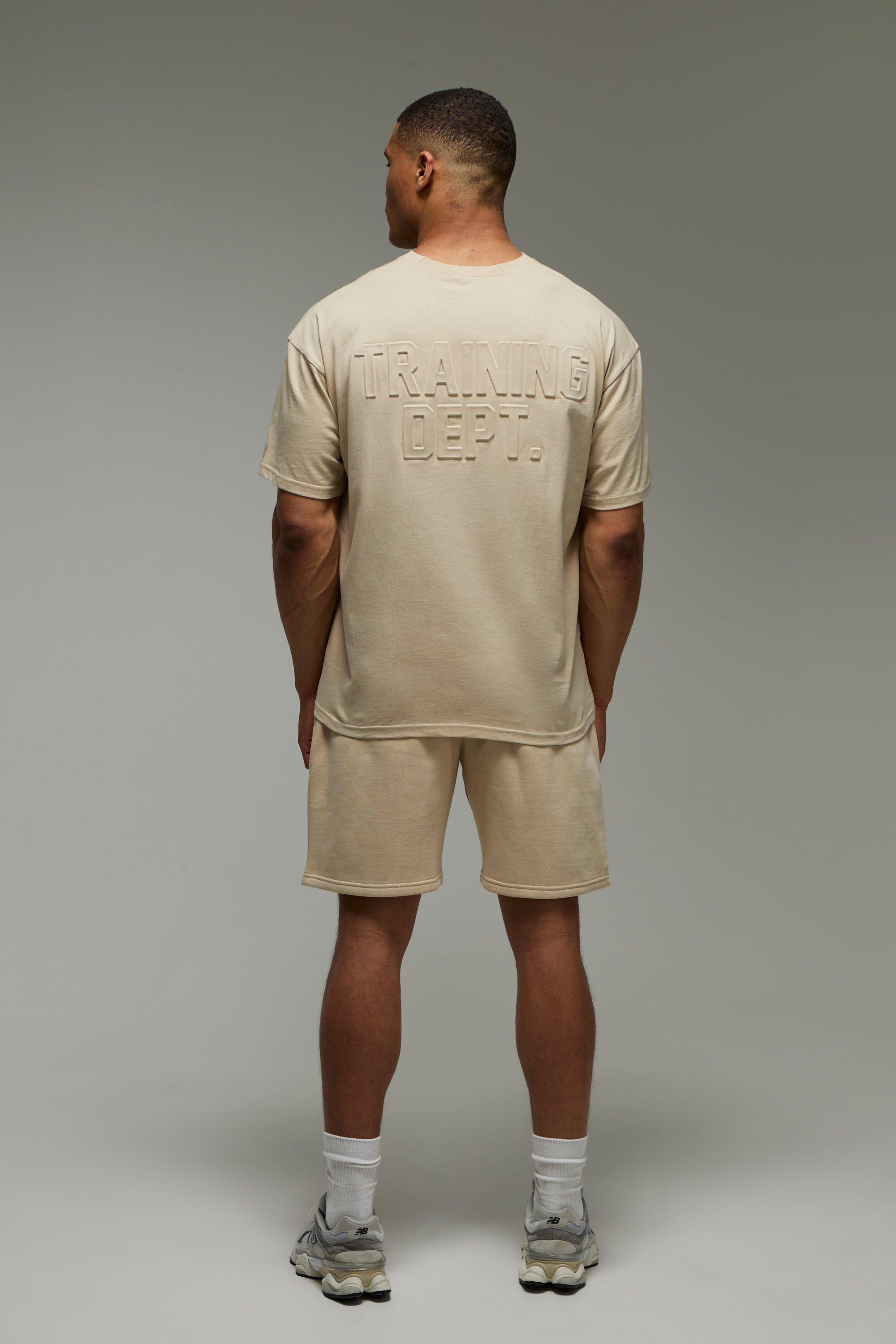 Mens Beige Man Active Training Dept Oversized Embossed T-shirt & Short Set, Beige