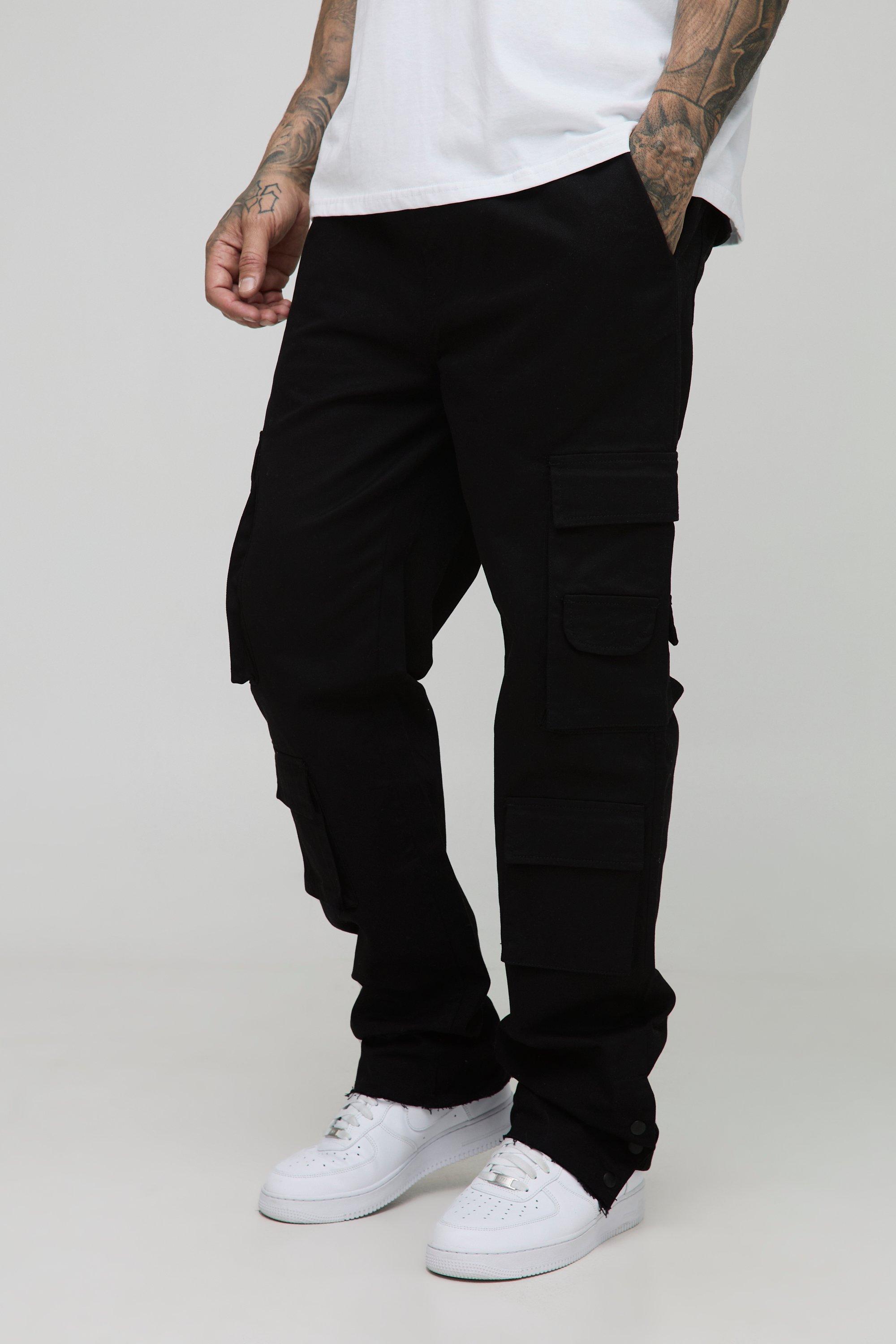 Mens Black Tall Relaxed Washed Raw Popper Hem Cargo Trousers, Black