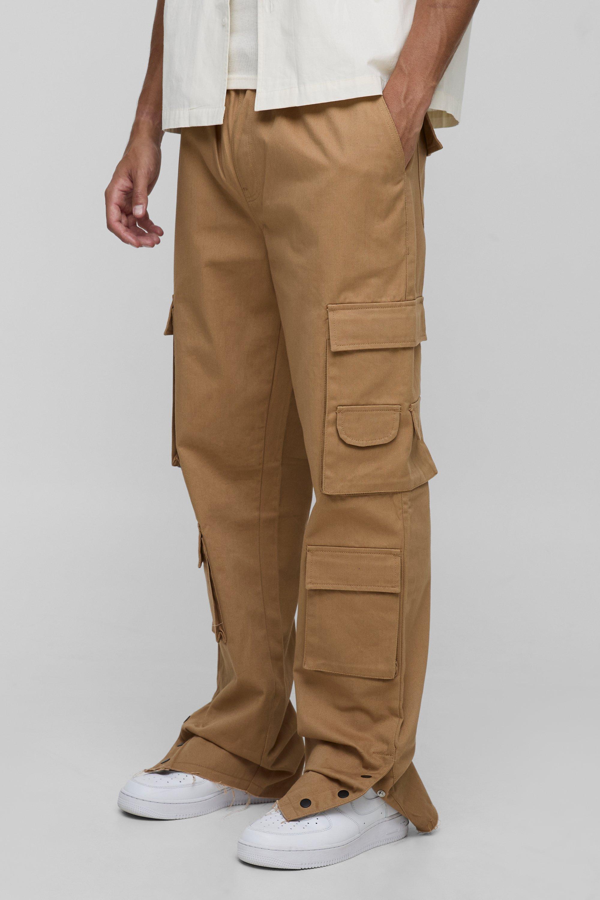 Mens Brown Tall Relaxed Washed Raw Popper Hem Cargo Trousers, Brown