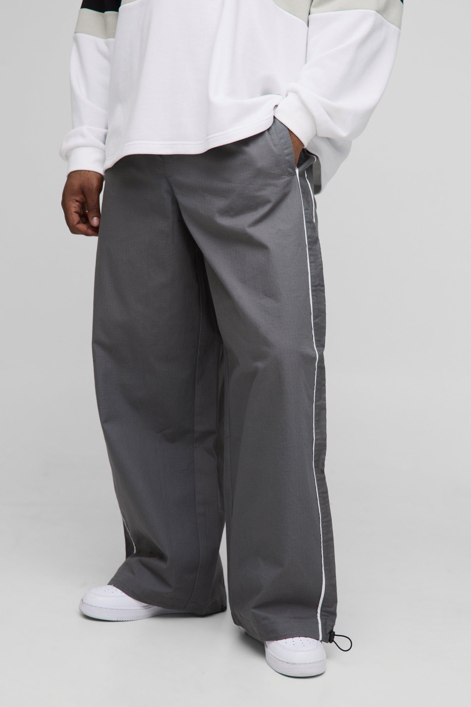 Mens Grey Plus Washed Ripstop Side Stripe Parachute Trousers, Grey