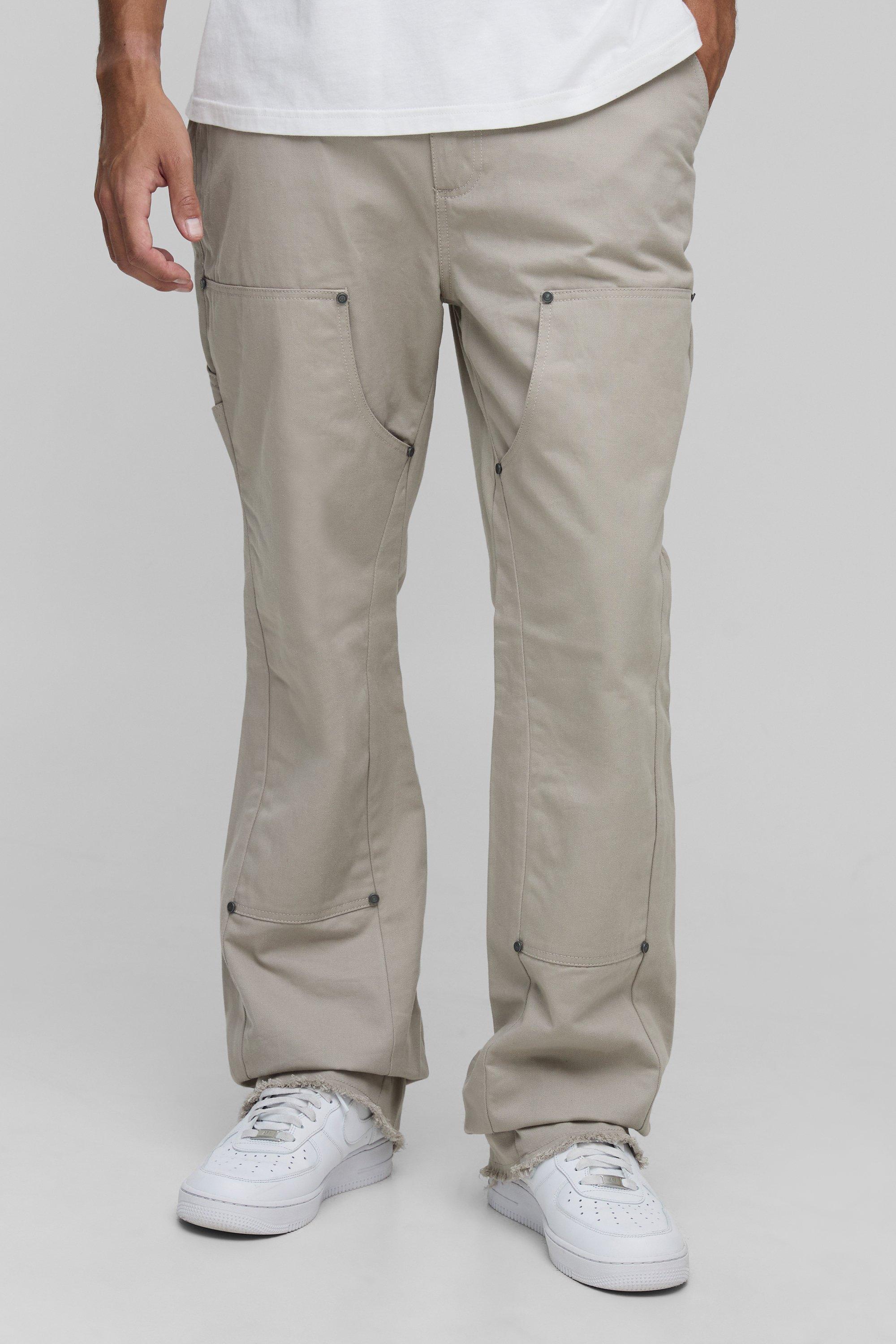 Mens Beige Tall Slim Fit Washed Raw Hem Carpenter Flared Trousers, Beige