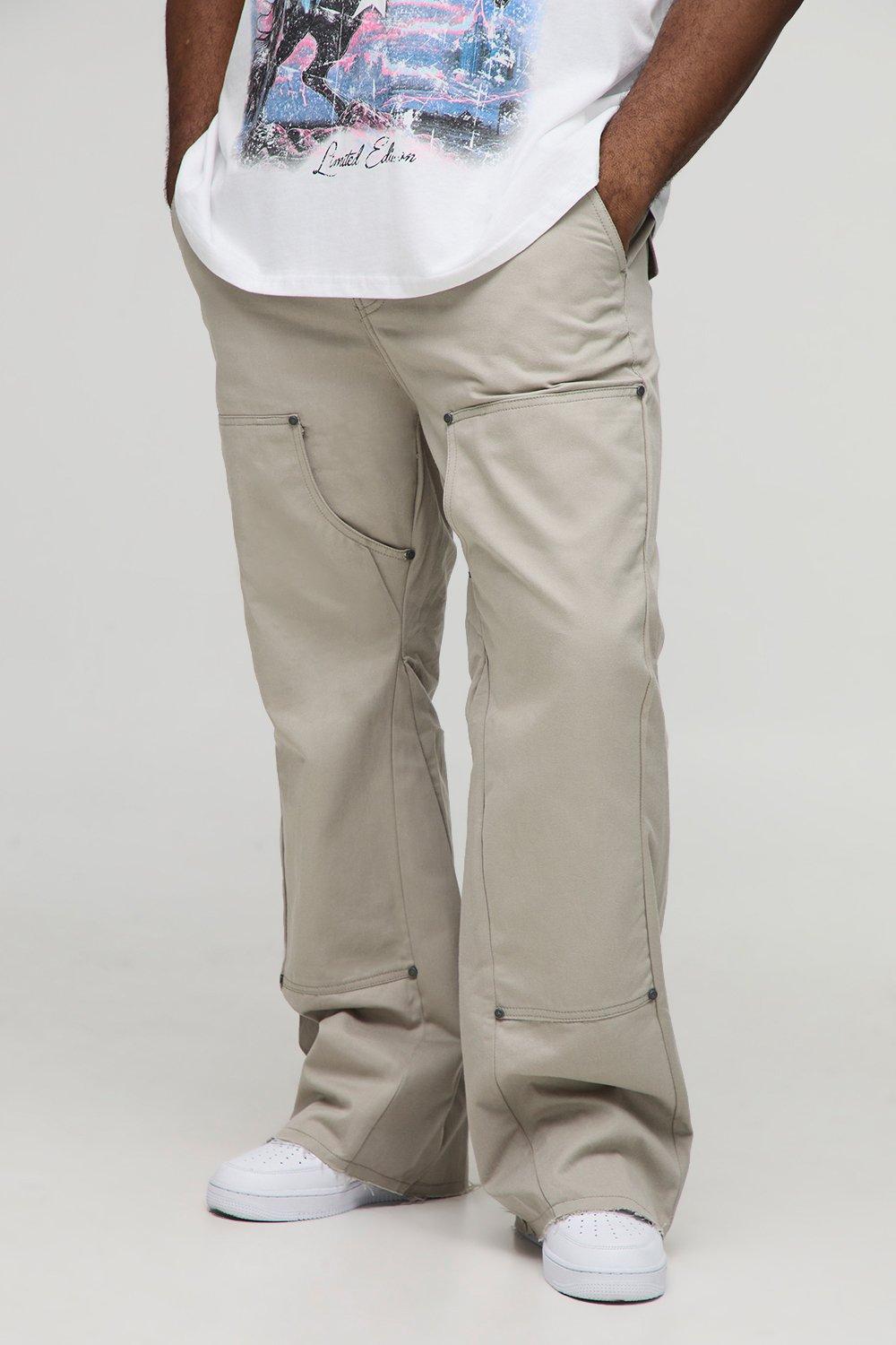 Image of Plus Slim Fit Washed Raw Hem Carpenter Flared Trousers, Beige