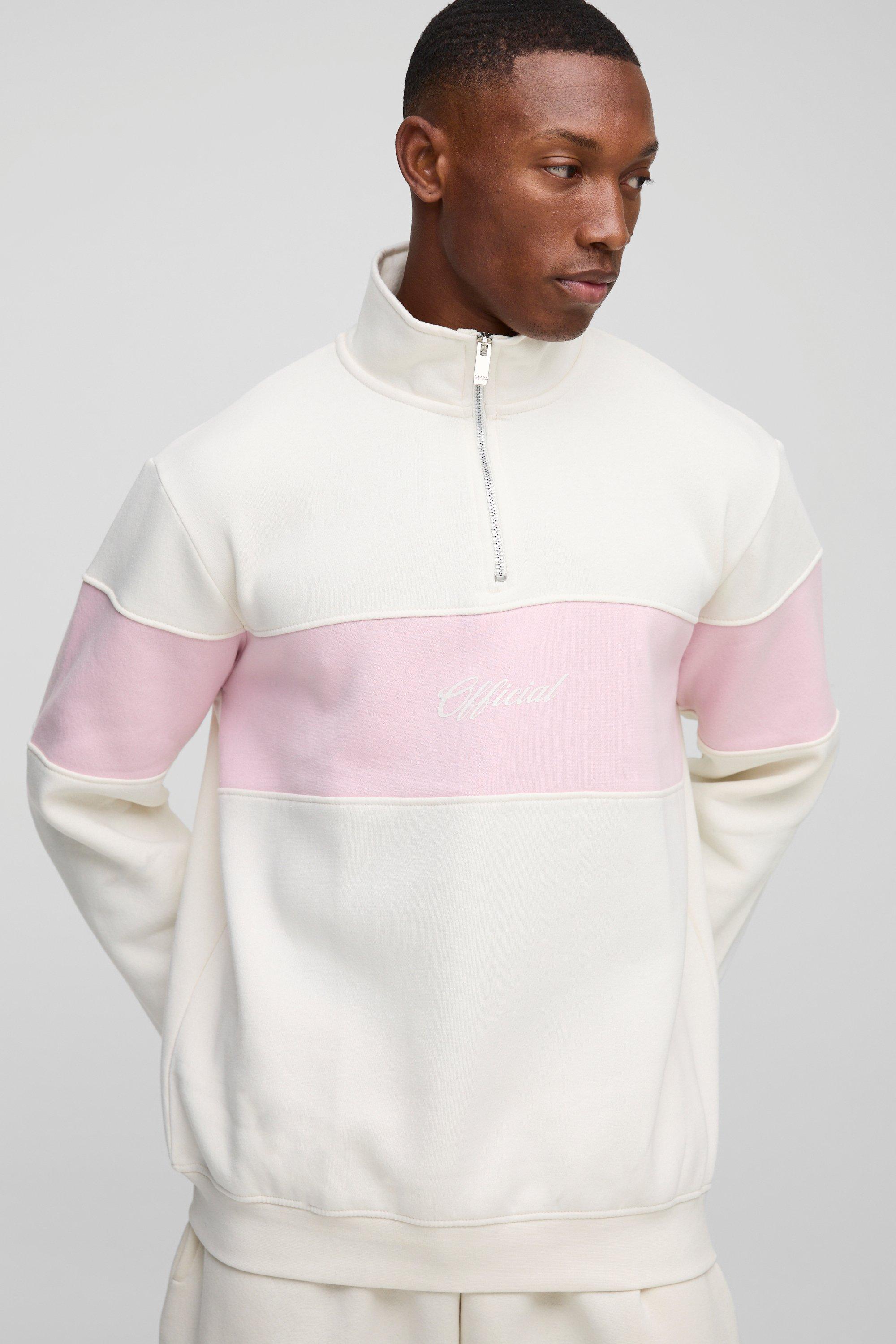 Image of Felpa a blocchi di colore con scritta Official e collo a imbuto, Cream
