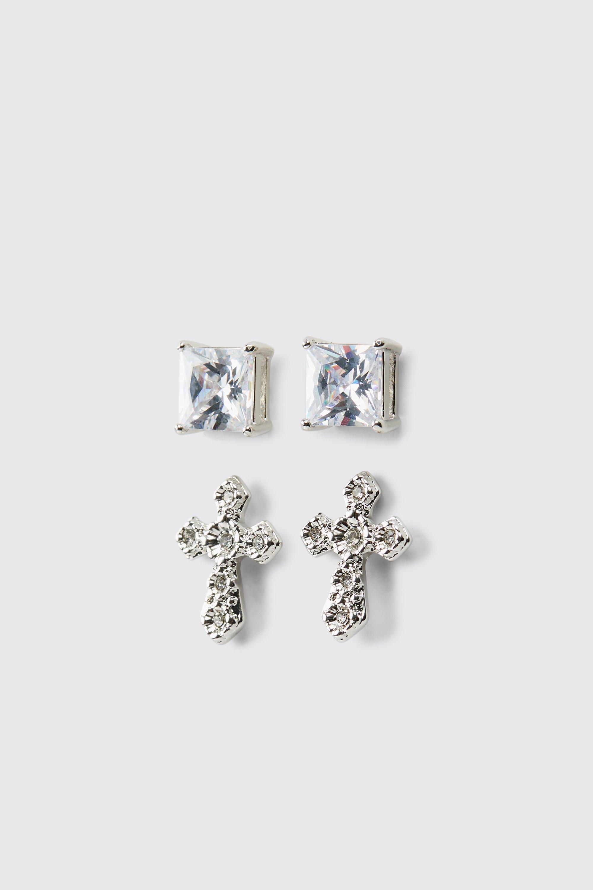 Mens Grey Diamante Earring 2 Pack, Grey