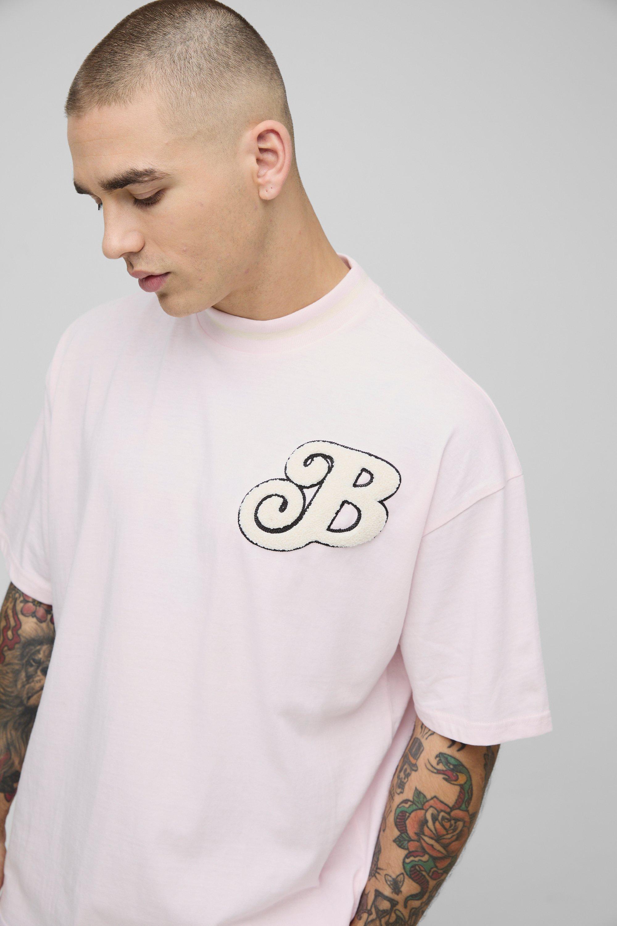 Mens Pink Oversized Varsity Embroidered T-Shirt, Pink