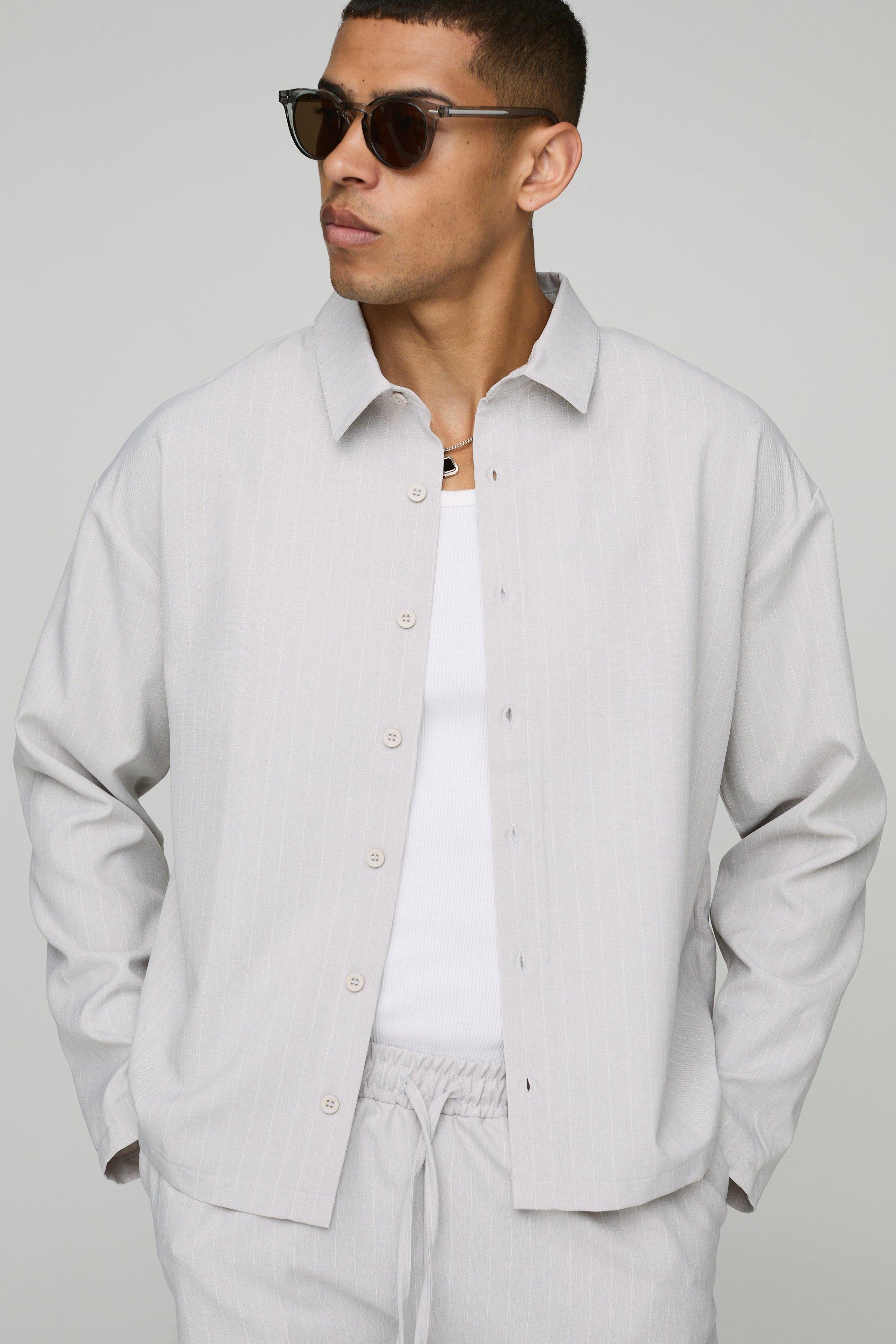 Mens Grey Oversized Pinstripe Linen Look Overshirt, Grey