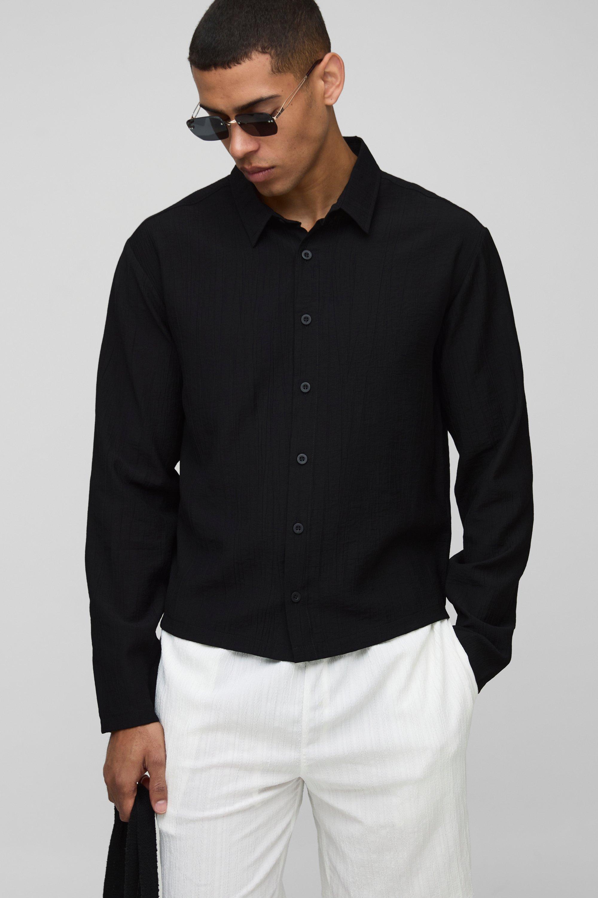 Mens Black Regular Fit Crinkle Cotton Long Sleeve Shirt, Black