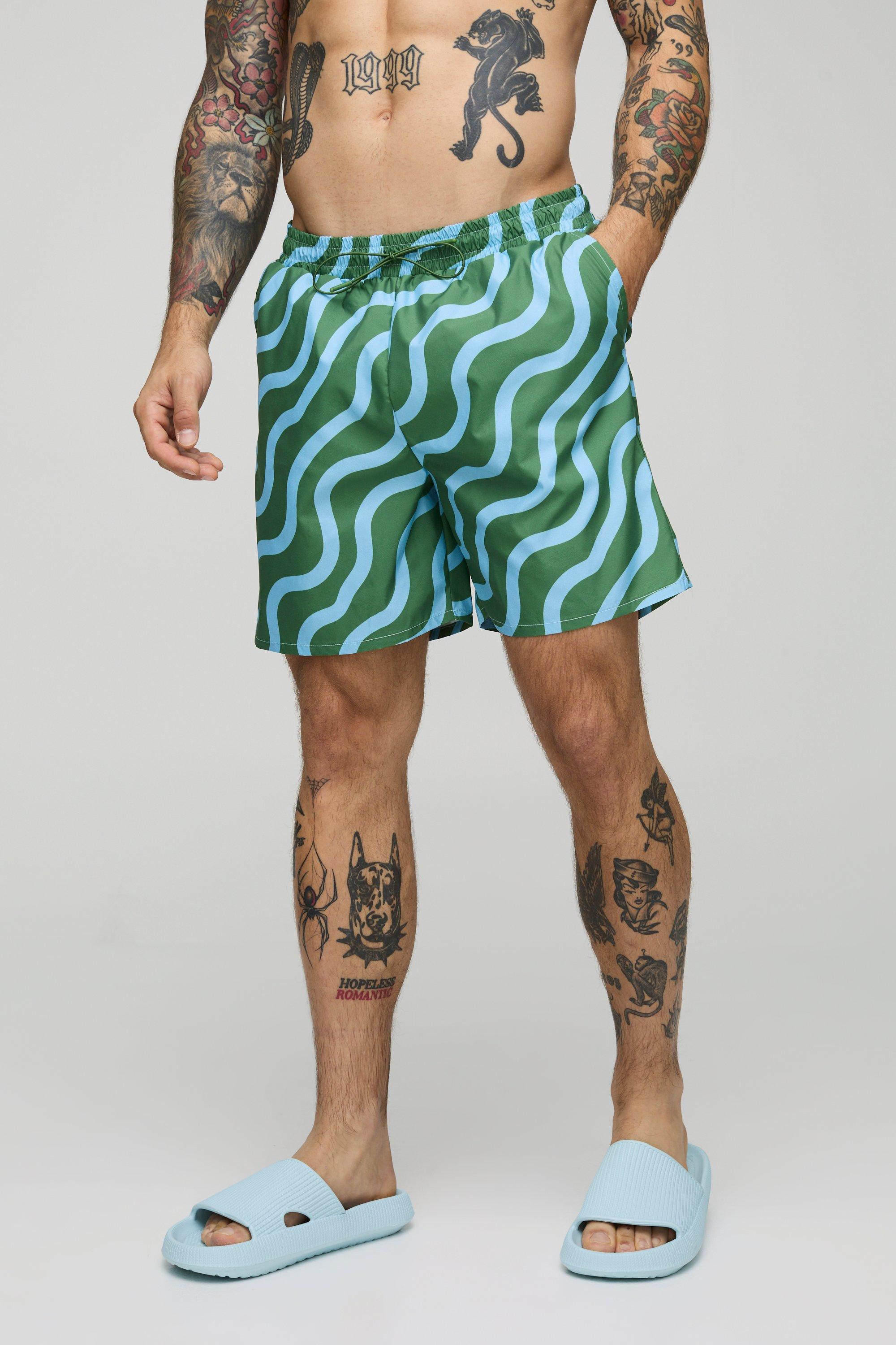 Mens Green Abstract Print Mid Length Swim, Green