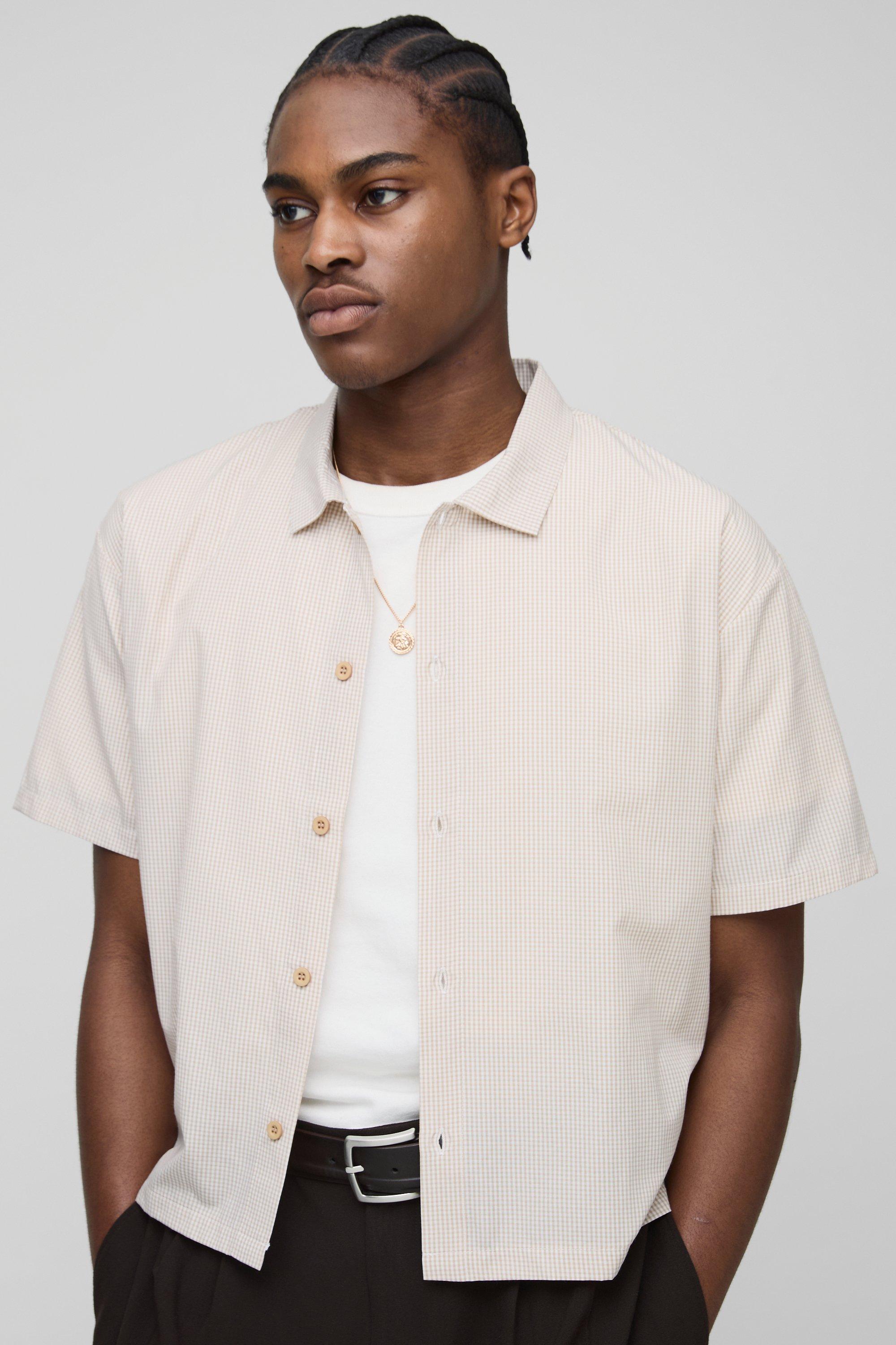 Image of Camicia squadrata oversize a quadri piccoli con colletto, Beige