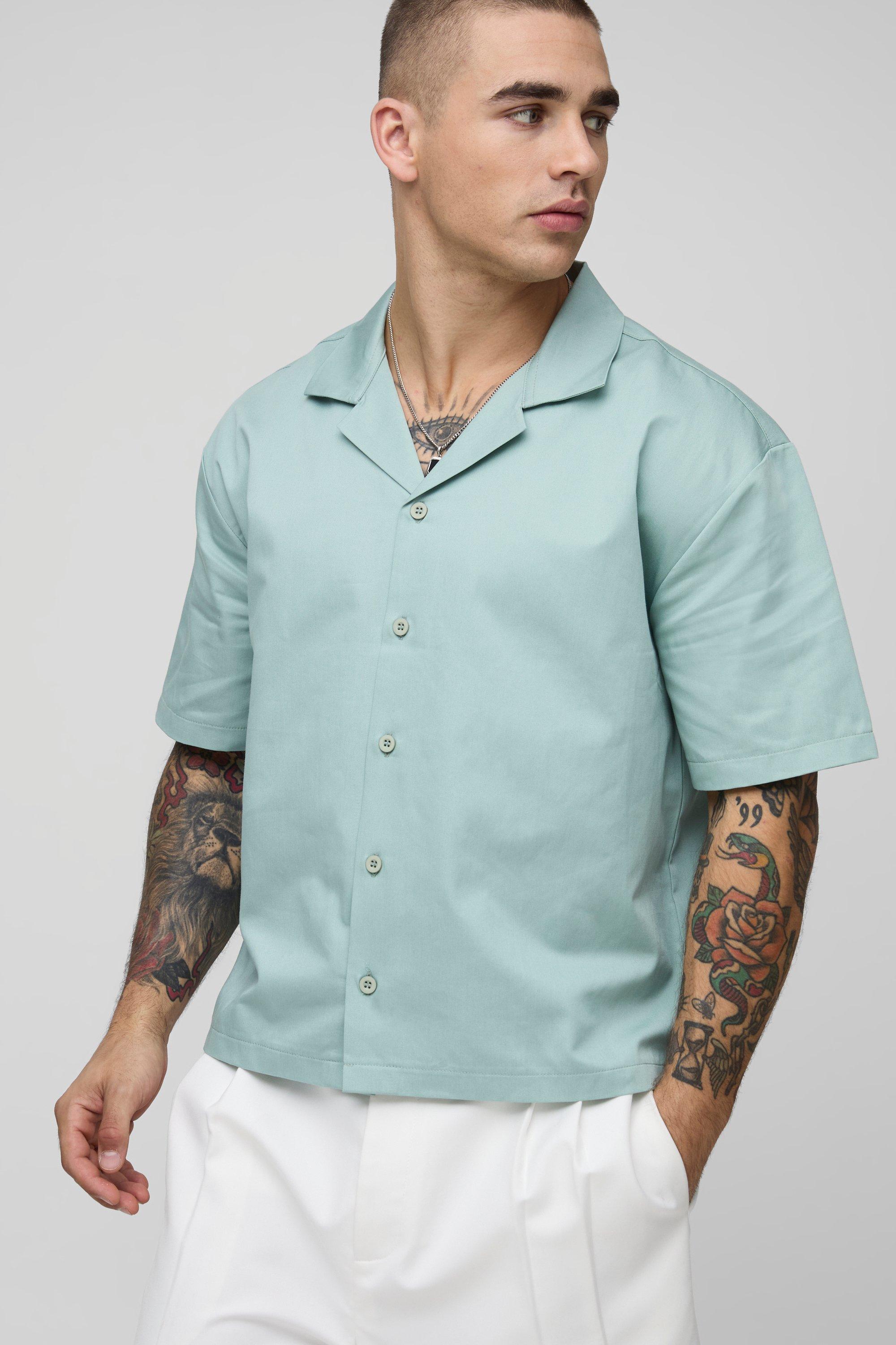 Mens Green Oversized Boxy Back Printed Short Sleeve Shirt, Green