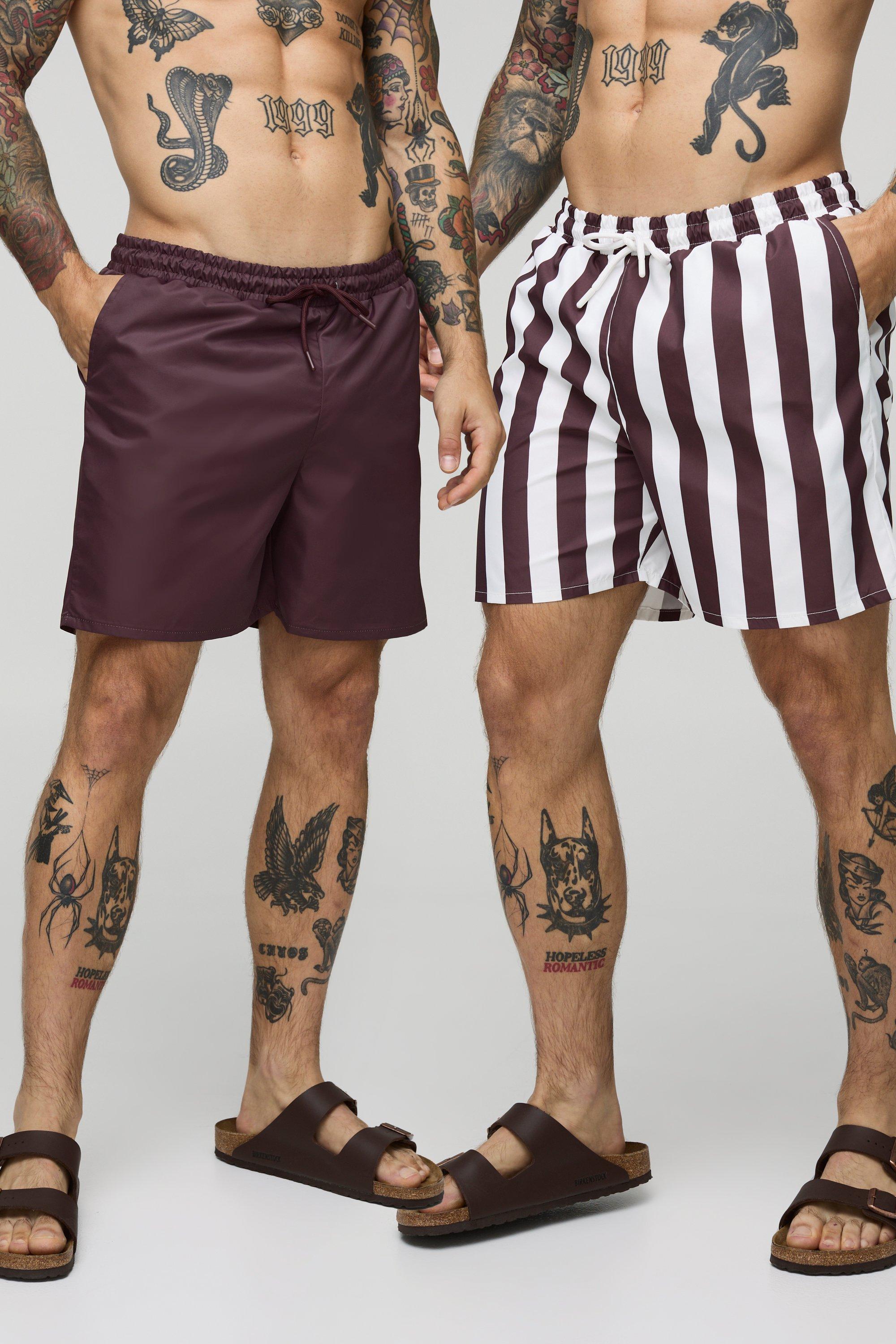 Mens Brown 2 Pack Mid Length Wide Stripe and Plain Swim Short, Brown