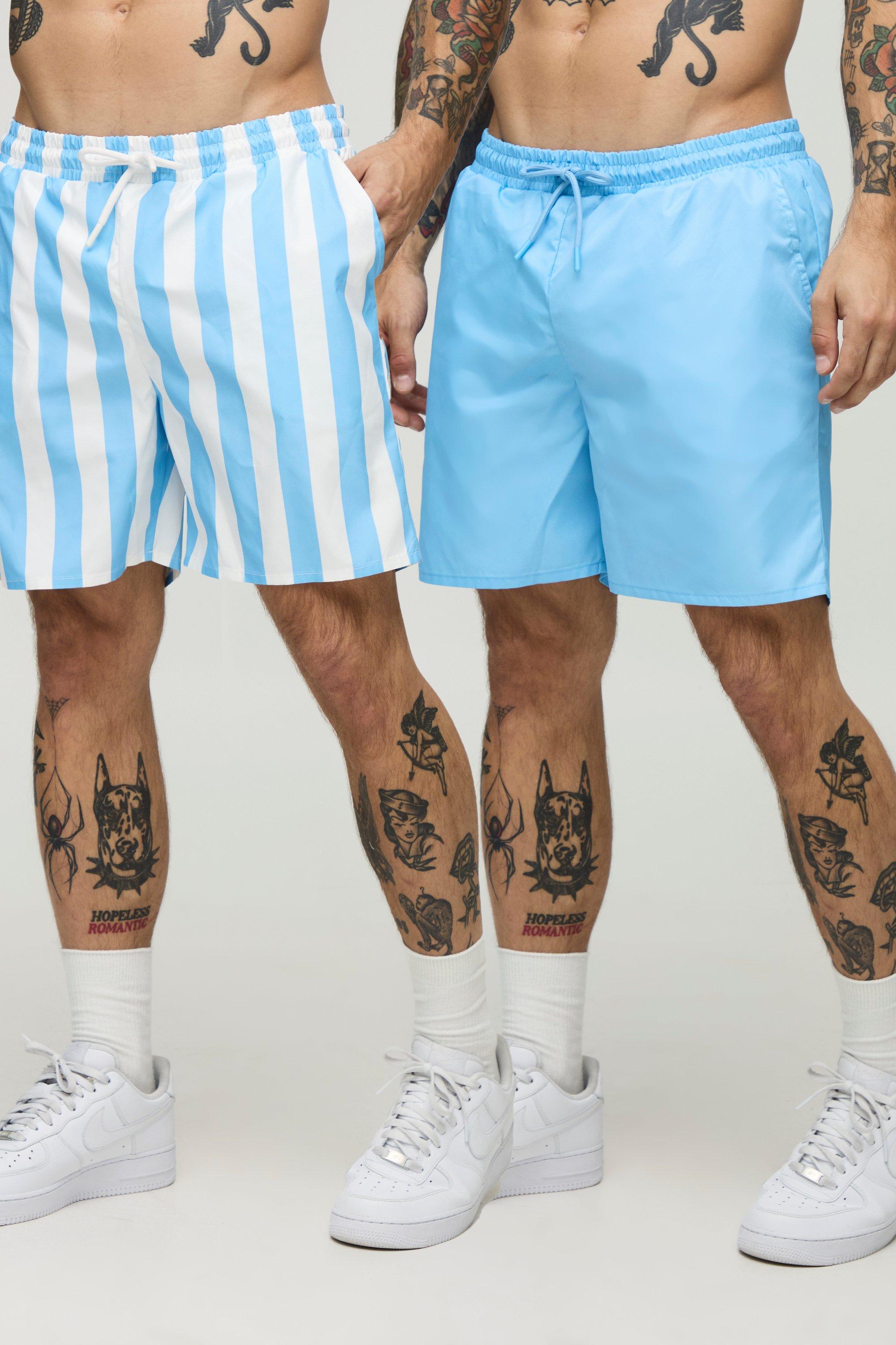 Mens Blue 2 Pack Wide Stripe and Plain Mid Length Swim Short, Blue