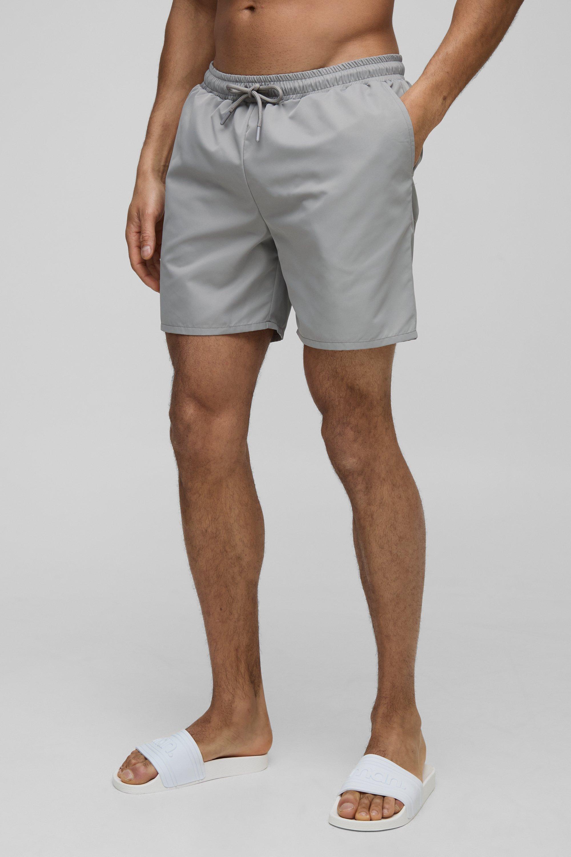 Mens Grey Man Embroidered Mid Length Swim Short, Grey