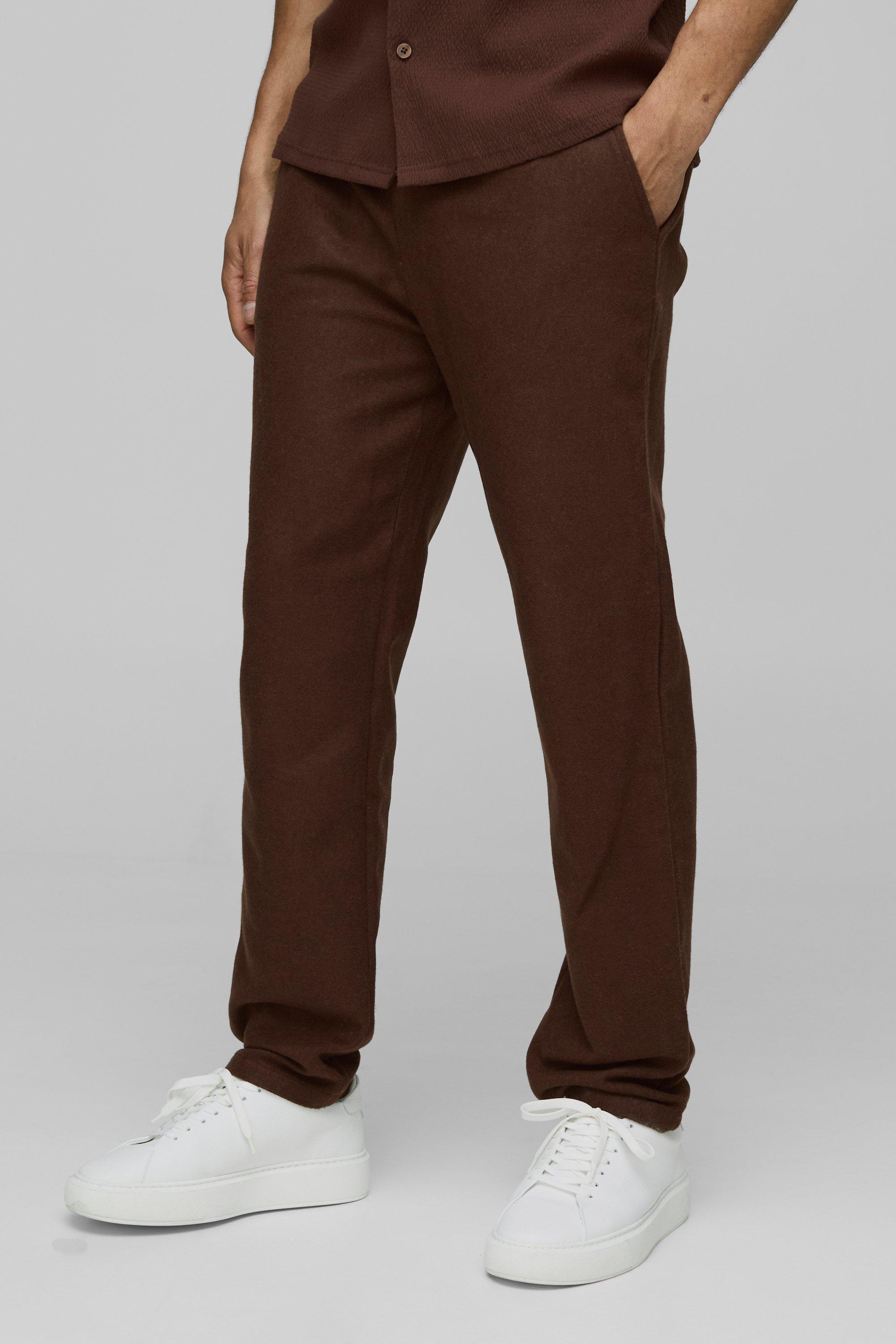 Mens Brown Straight Leg Brushed Texture Trouser, Brown