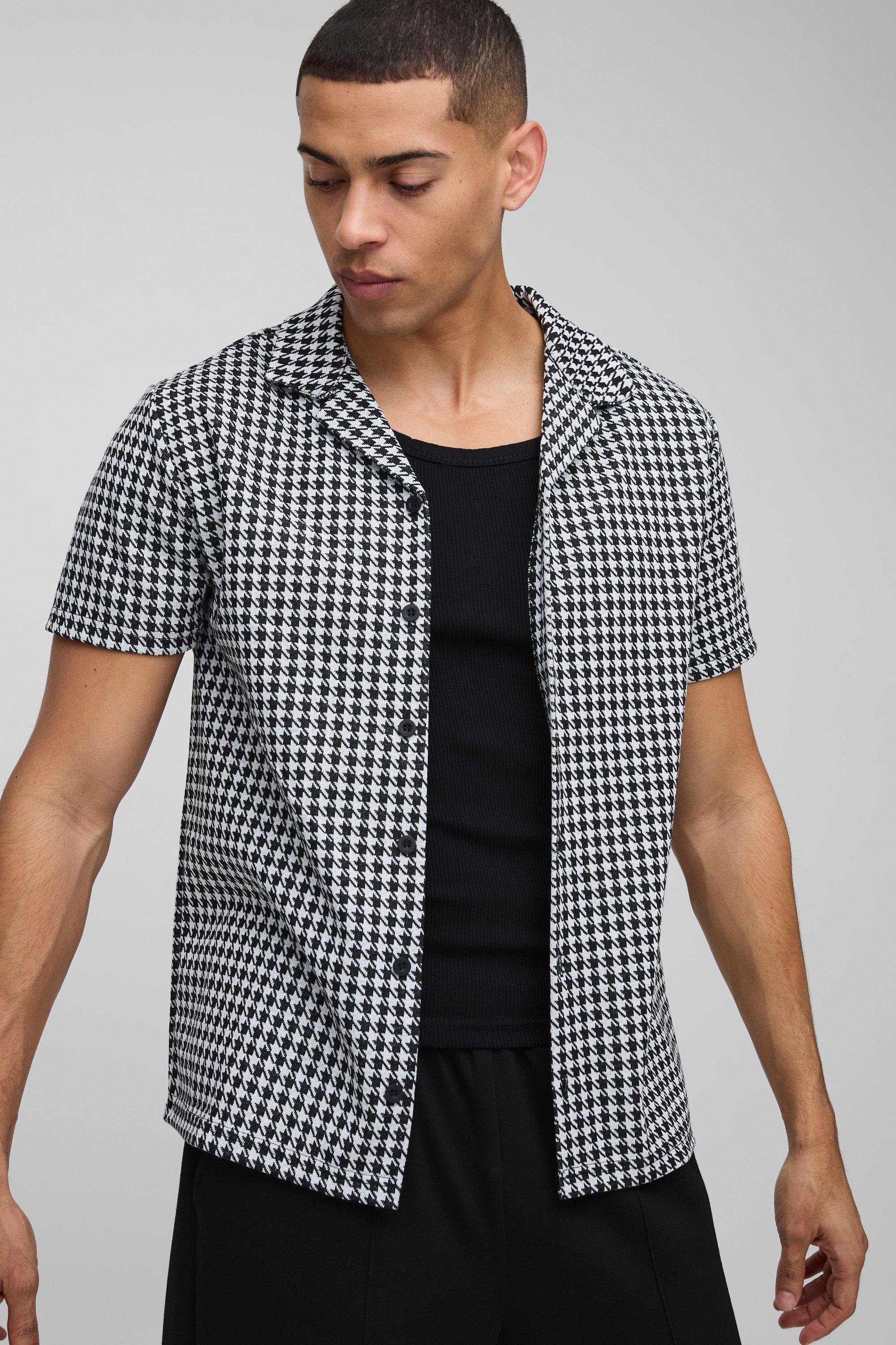 Mens Black Houndstooth Regular Revere Short Sleeve Shirt, Black