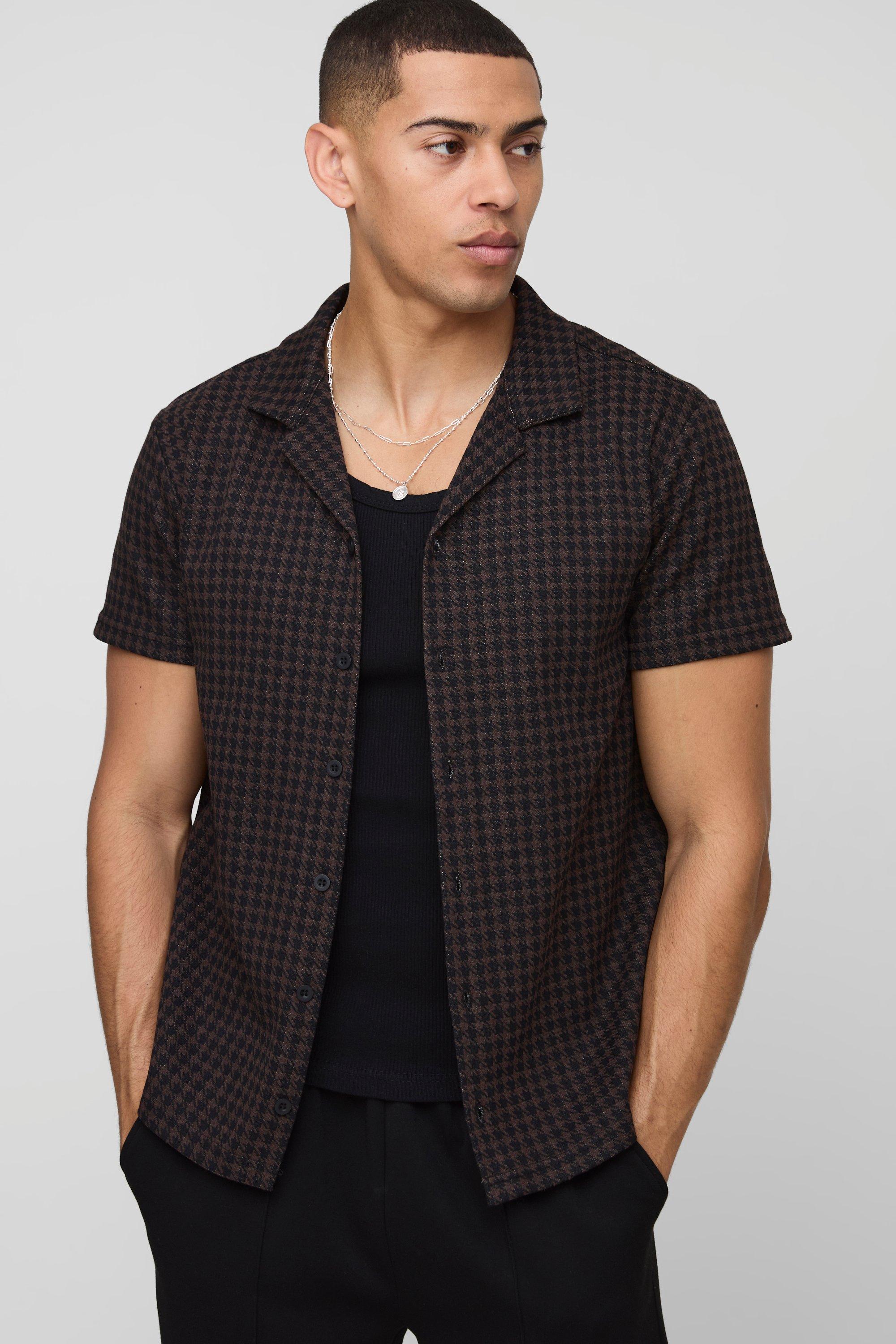 Mens Brown Houndstooth Regular Revere Short Sleeve Shirt, Brown
