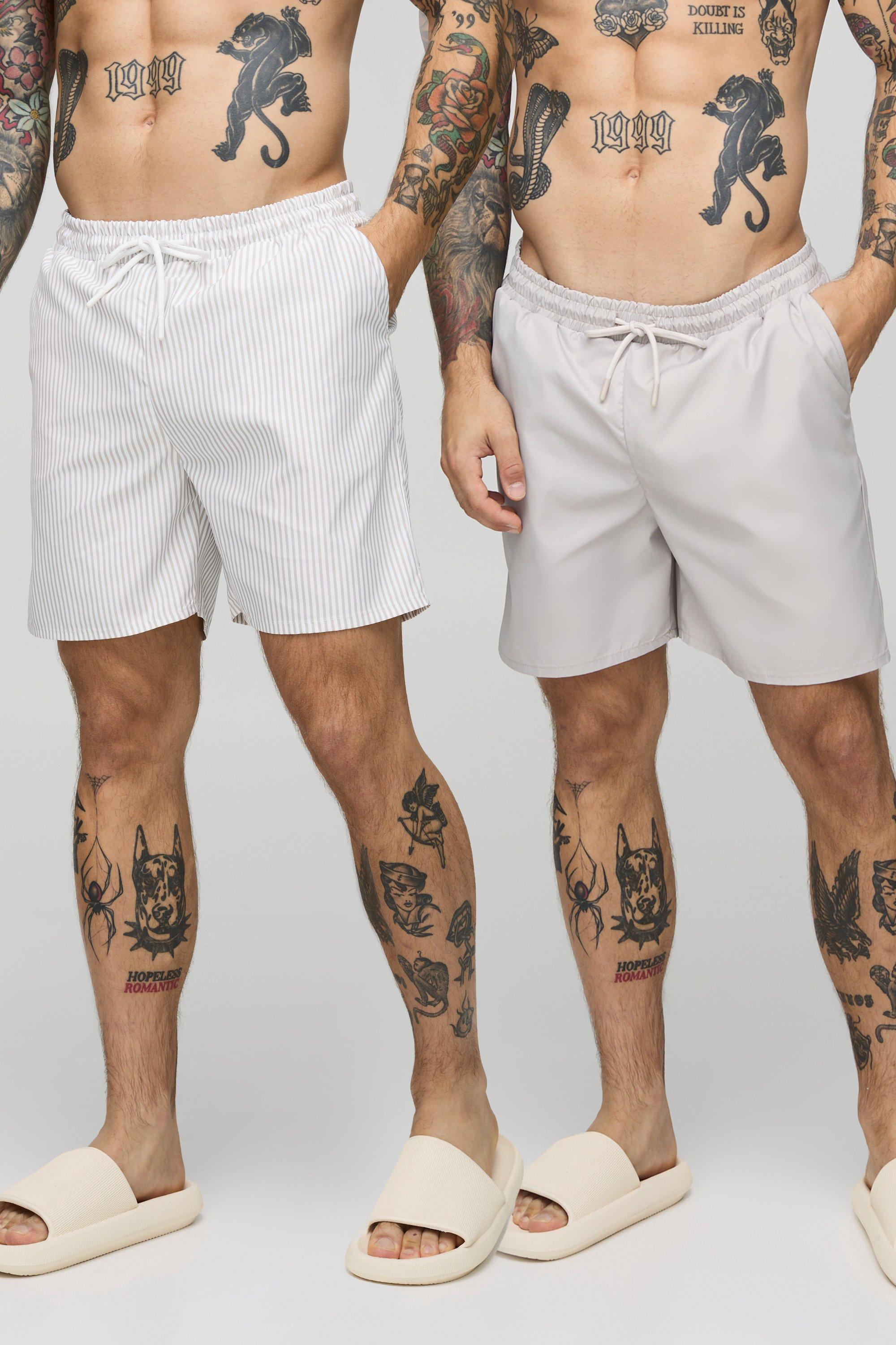 Mens Beige 2 Pack Small Stripe and Plain Mid Length Swim Short, Beige