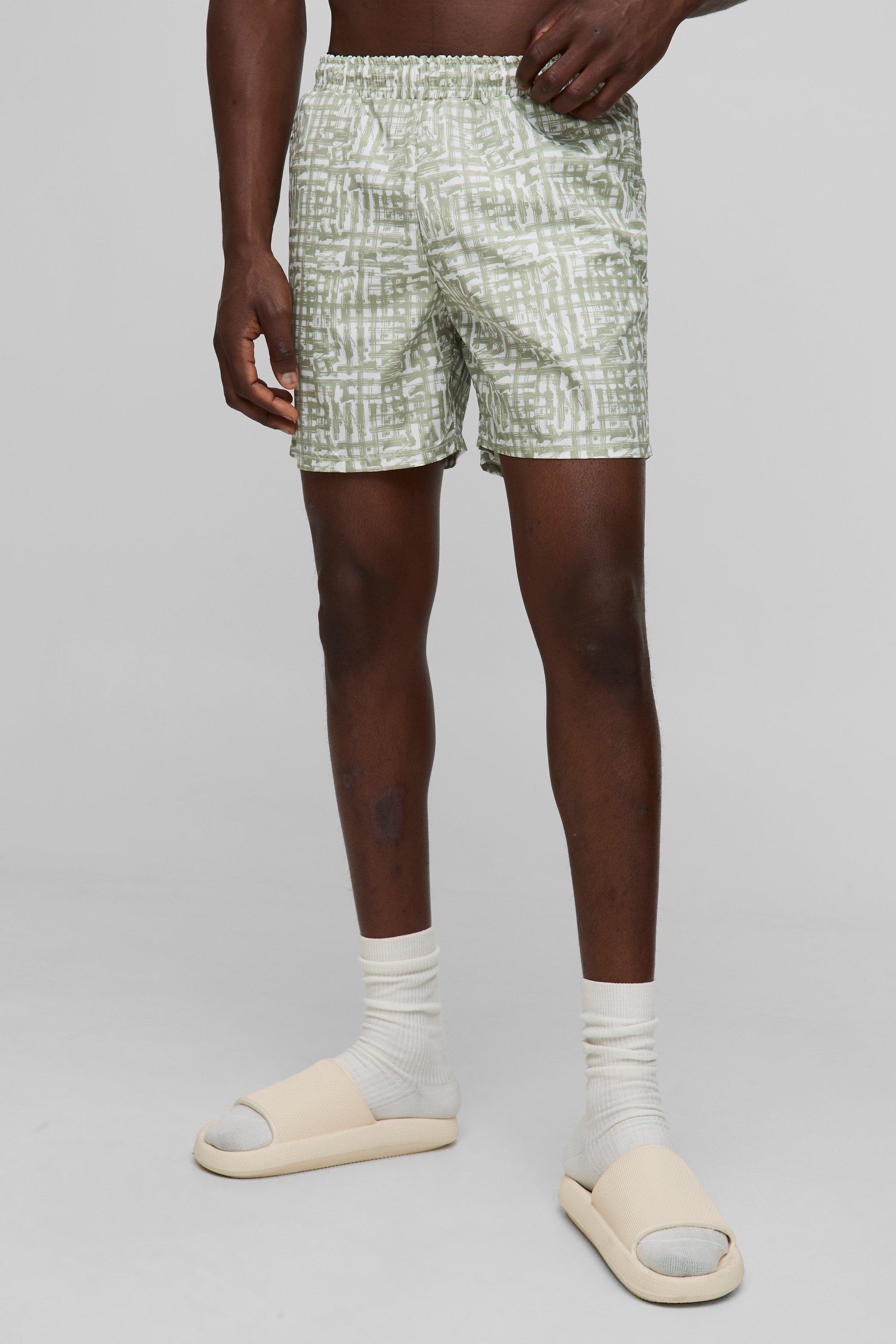 Mens Green Check Stripe Printed Mid Length Swim Short, Green