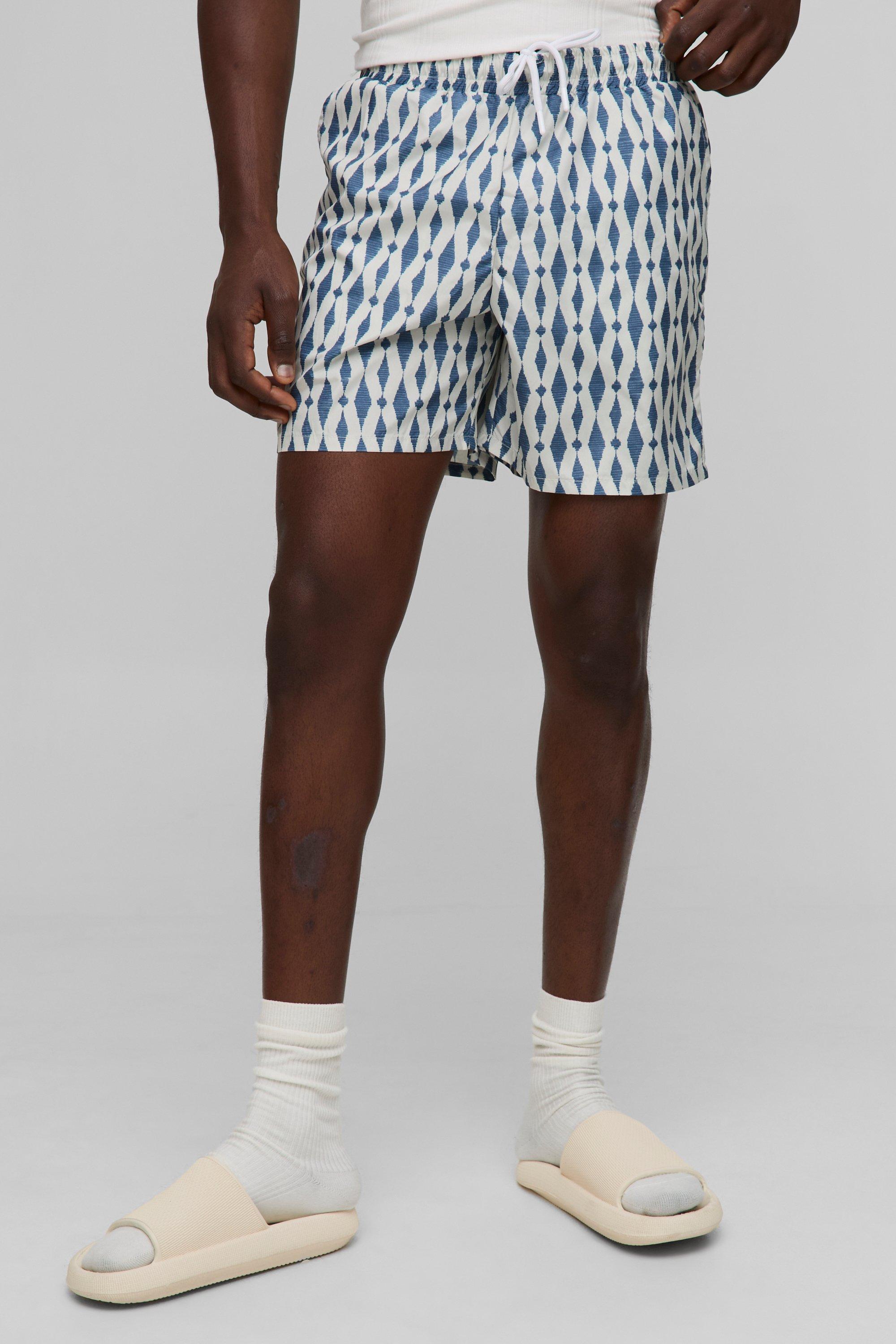 Mens Cream Pattern Printed Mid Length Swim Short, Cream