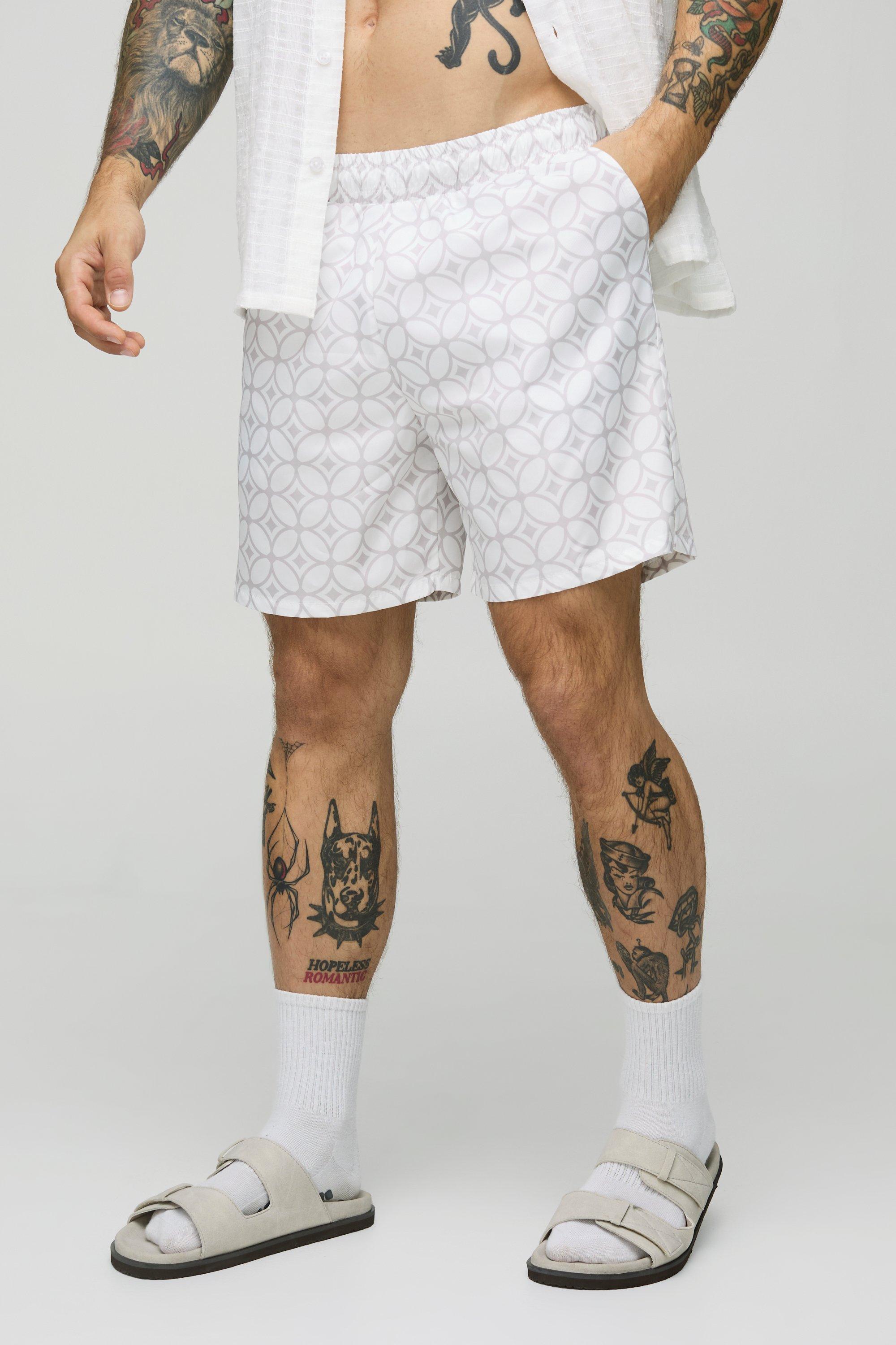 Mens White Abstract Pattern Mid Length Swim Short, White