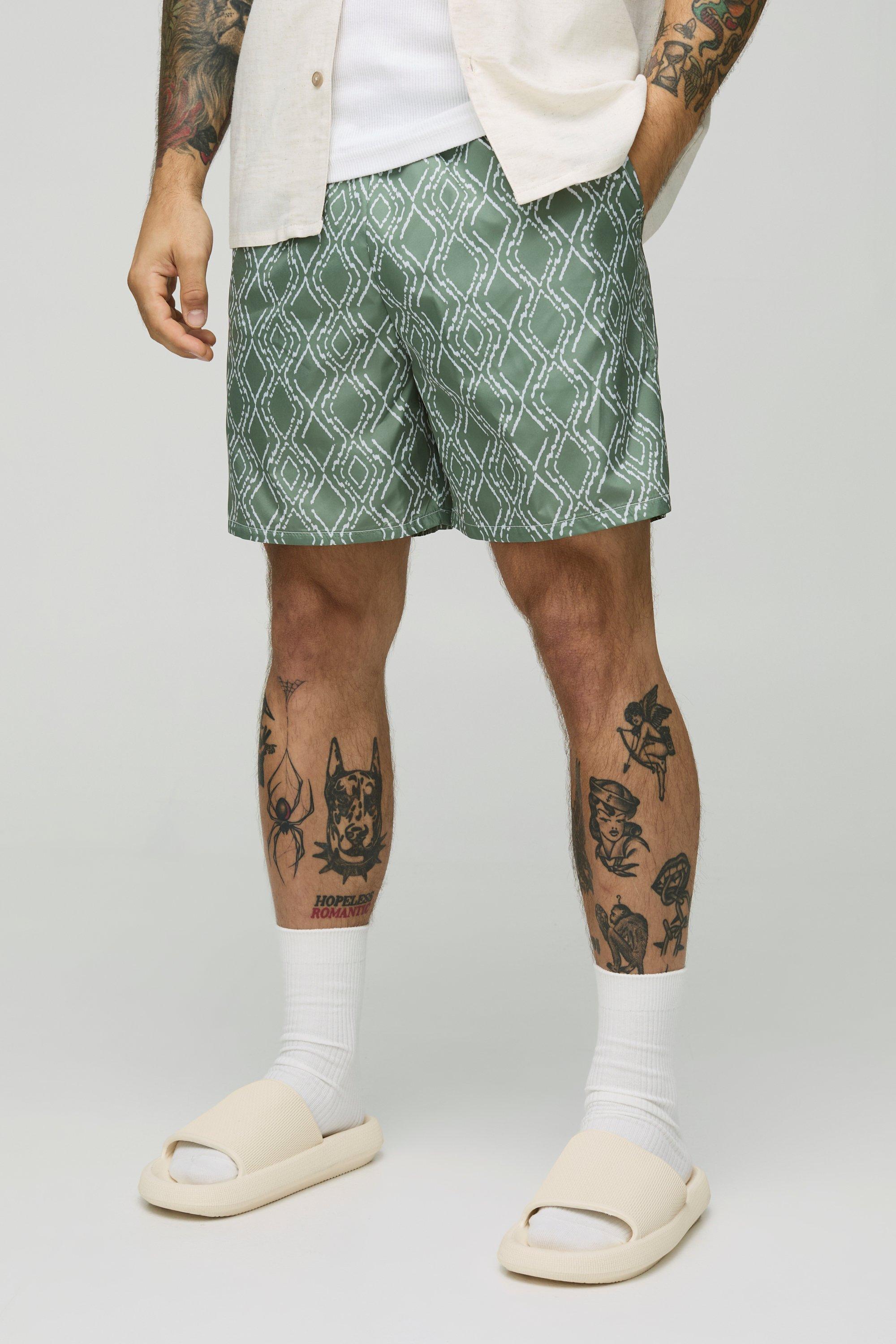 Mens Green Abstract Pattern Mid Length Swim Short, Green