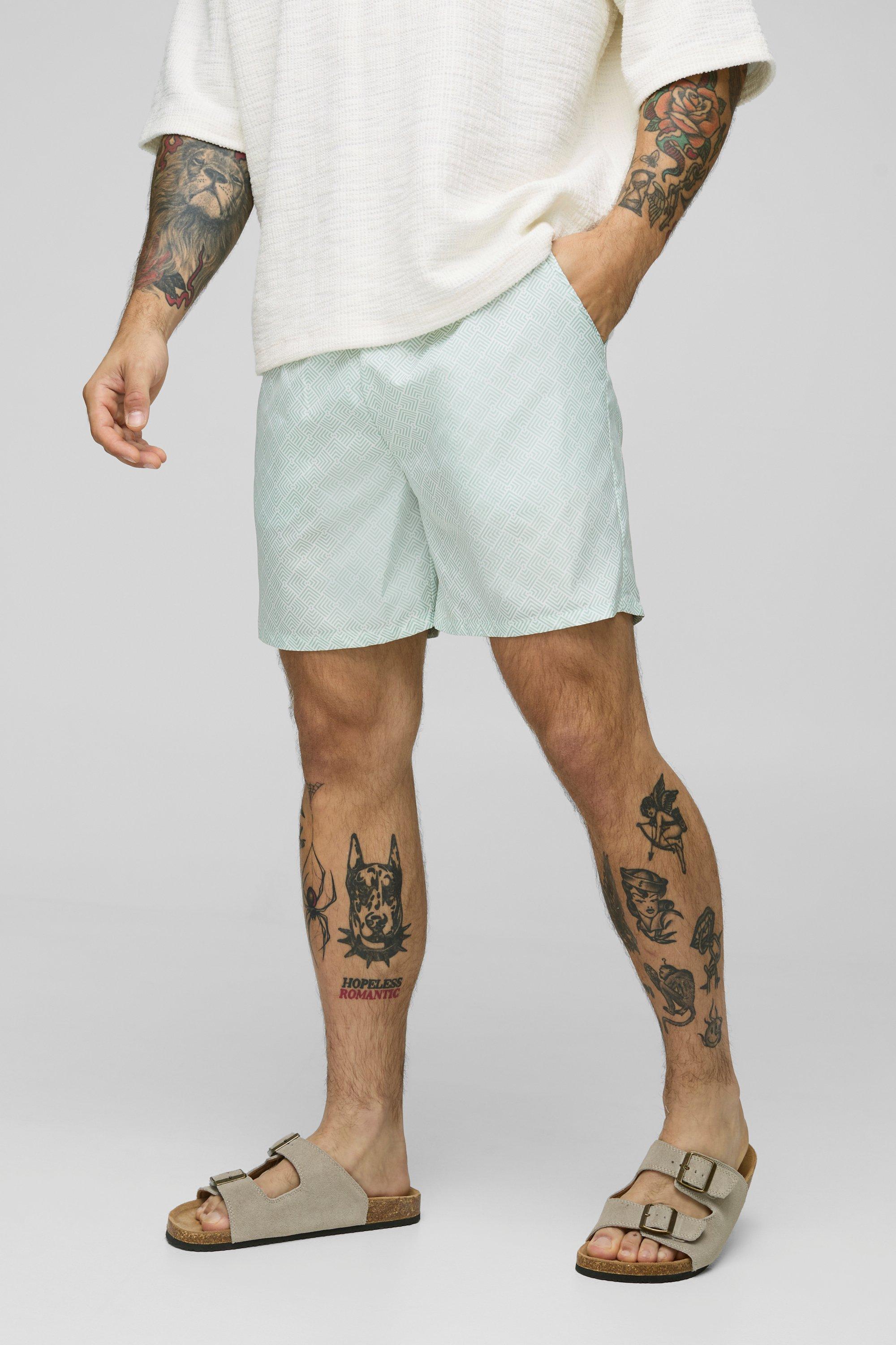 Mens Green Geo Pattern Mid Length Swim Short, Green