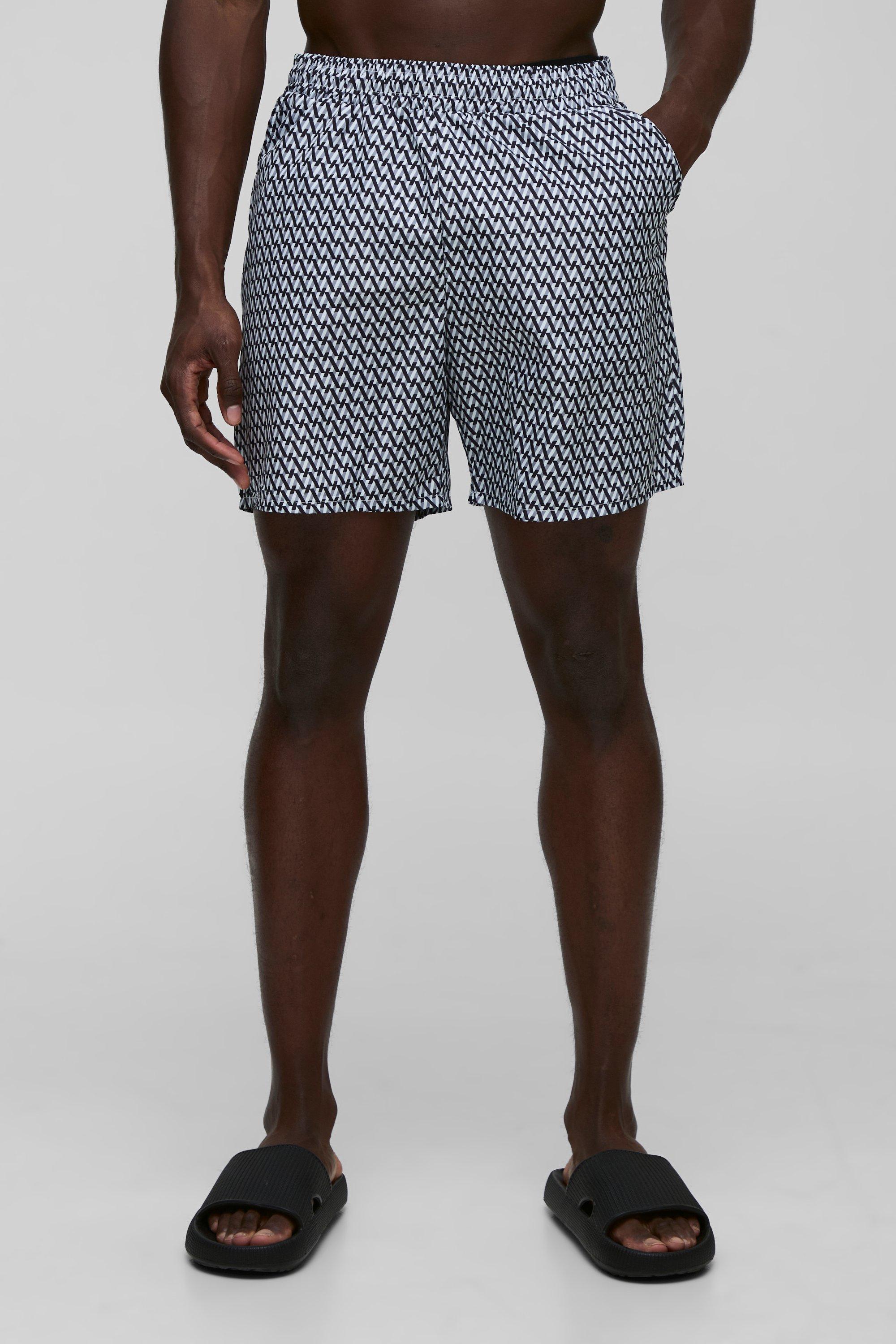 Mens Black Abstract Printed Mid Length Swim Short, Black