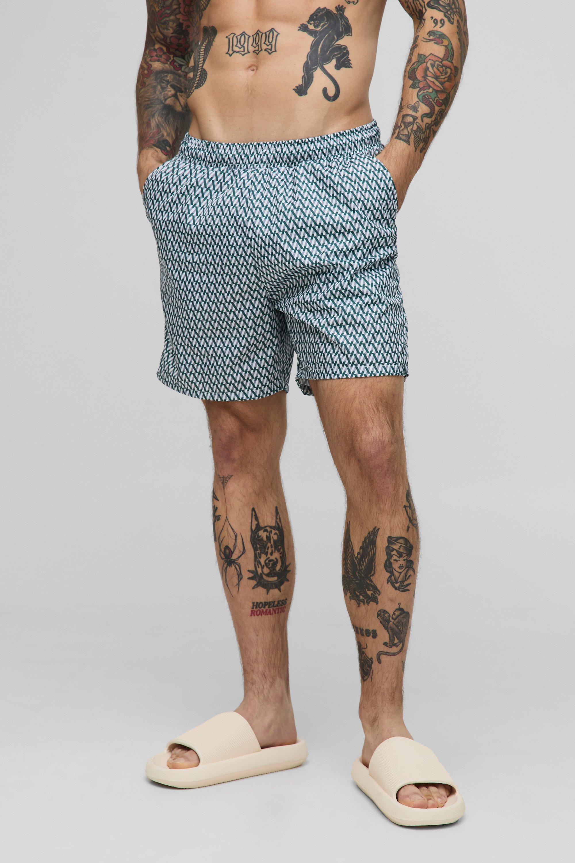 Mens Green Abstract Printed Mid Length Swim Short, Green