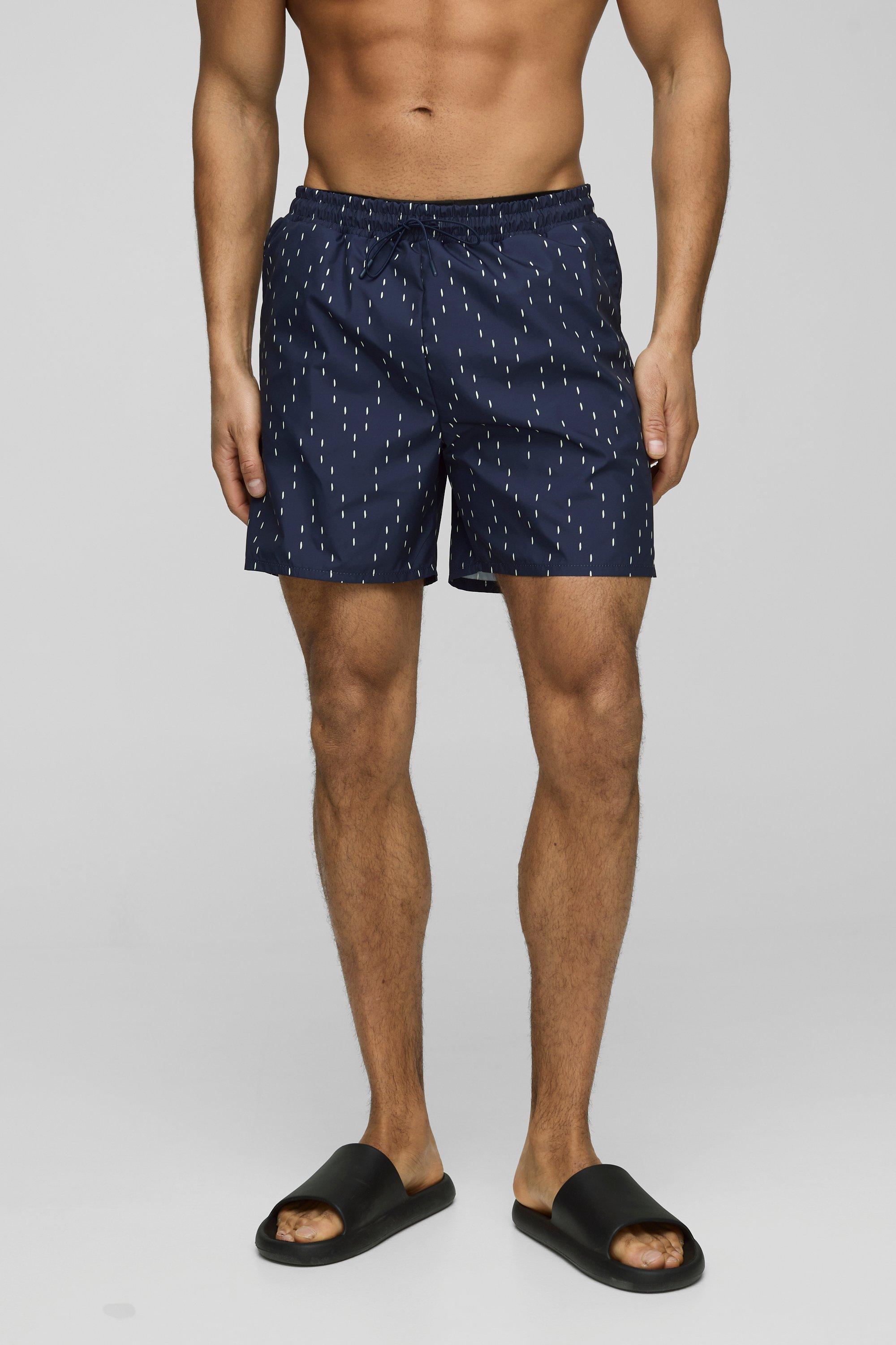 Mens Black Mid Length Printed Swim Short, Black