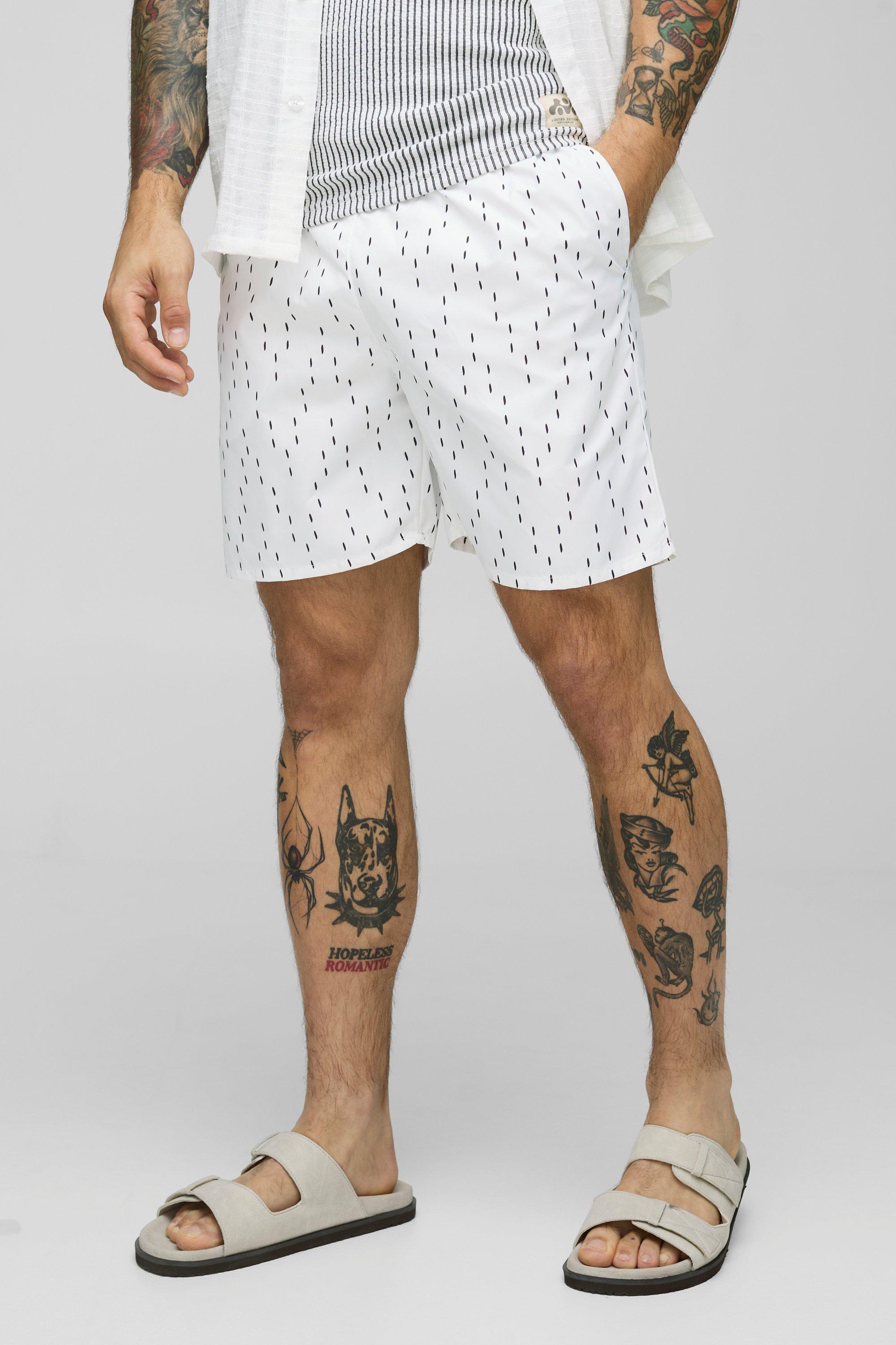 Mens White Mid Length Printed Swim Short, White