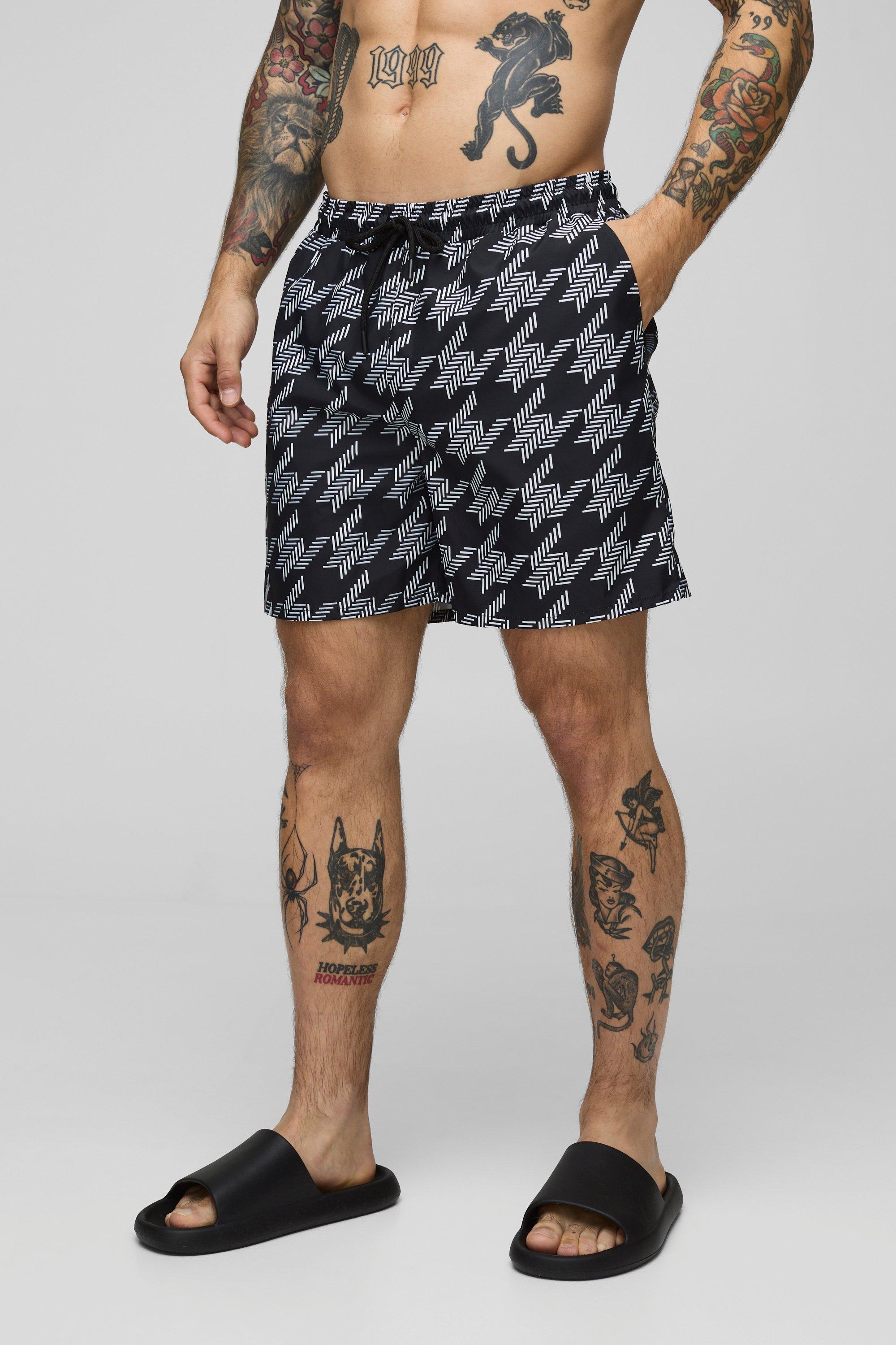Mens Black Houndstooth Print Mid Length Swim, Black