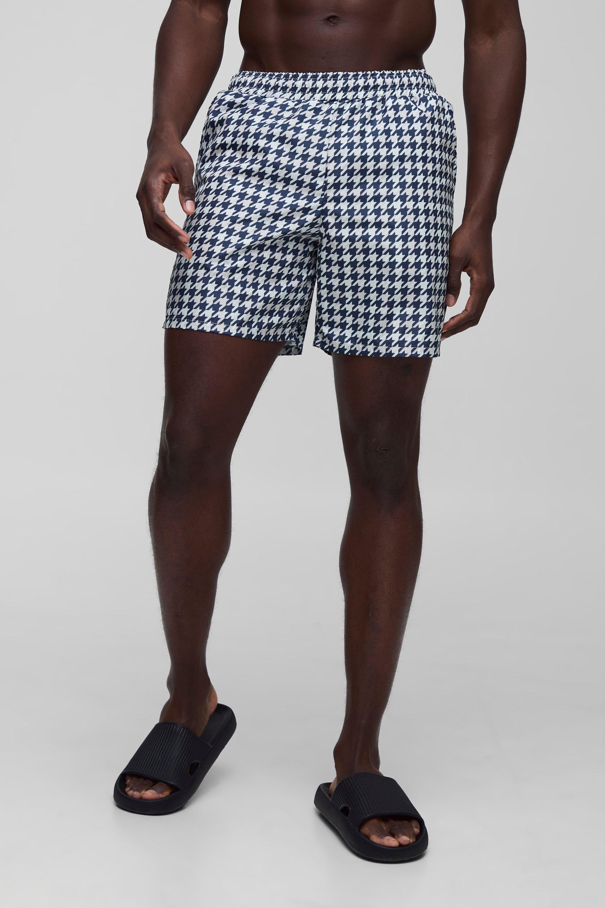 Mens Black Houndstooth Printed Mid Length Swim Short, Black