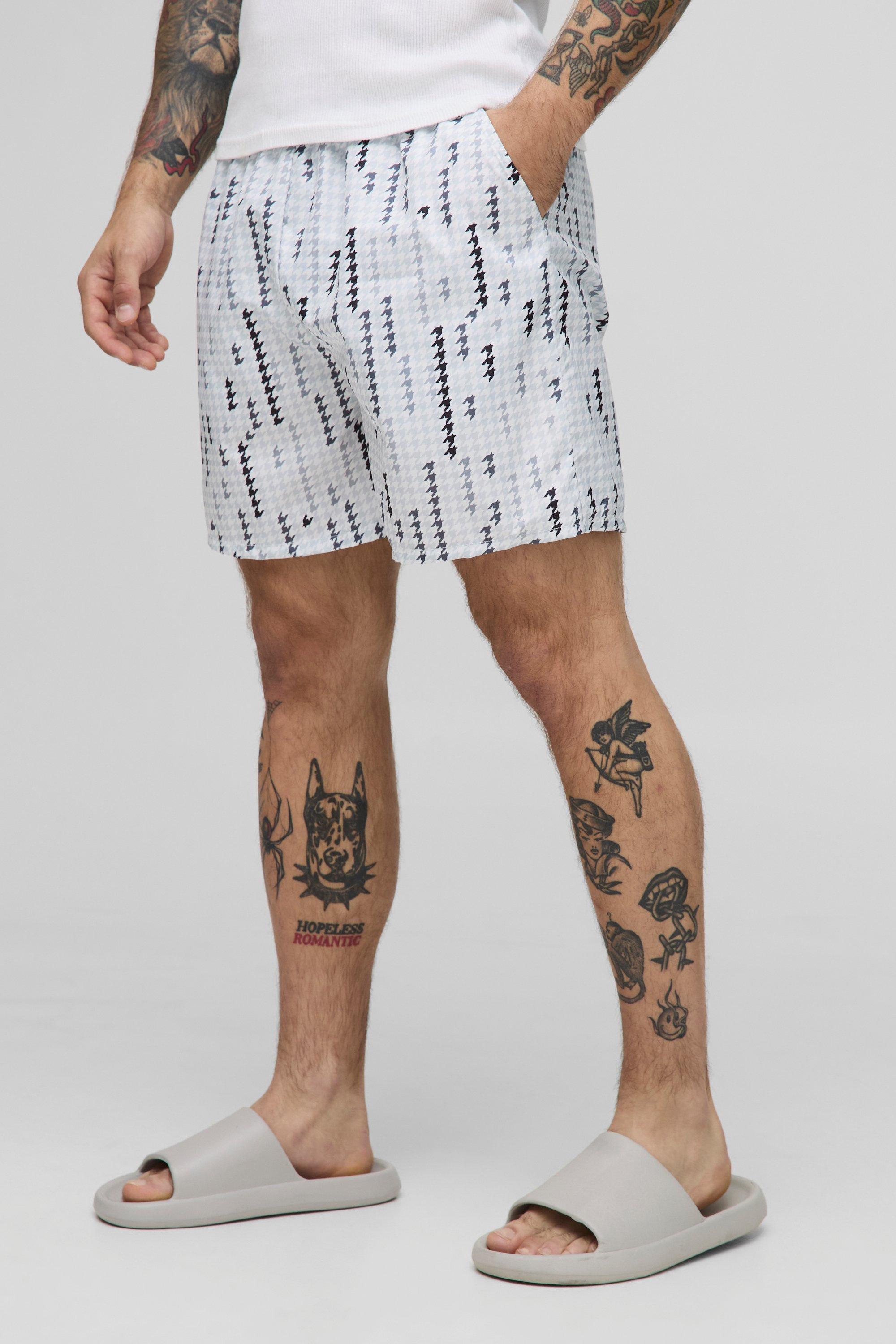 Mens Beige Houndstooth Printed Mid Length Swim Short, Beige