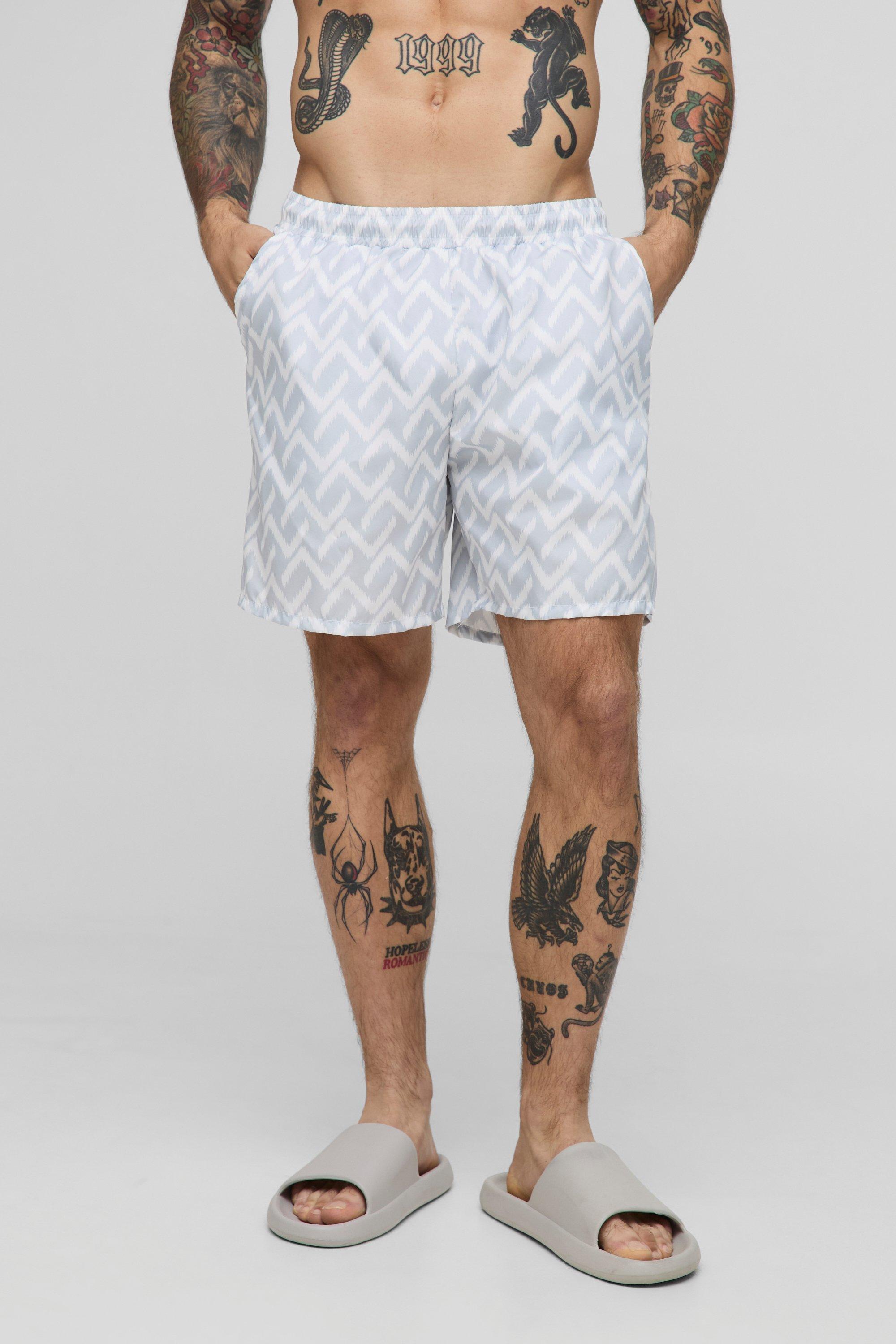 Mens Grey Abstract Pattern Printed Mid Length Swim Short, Grey