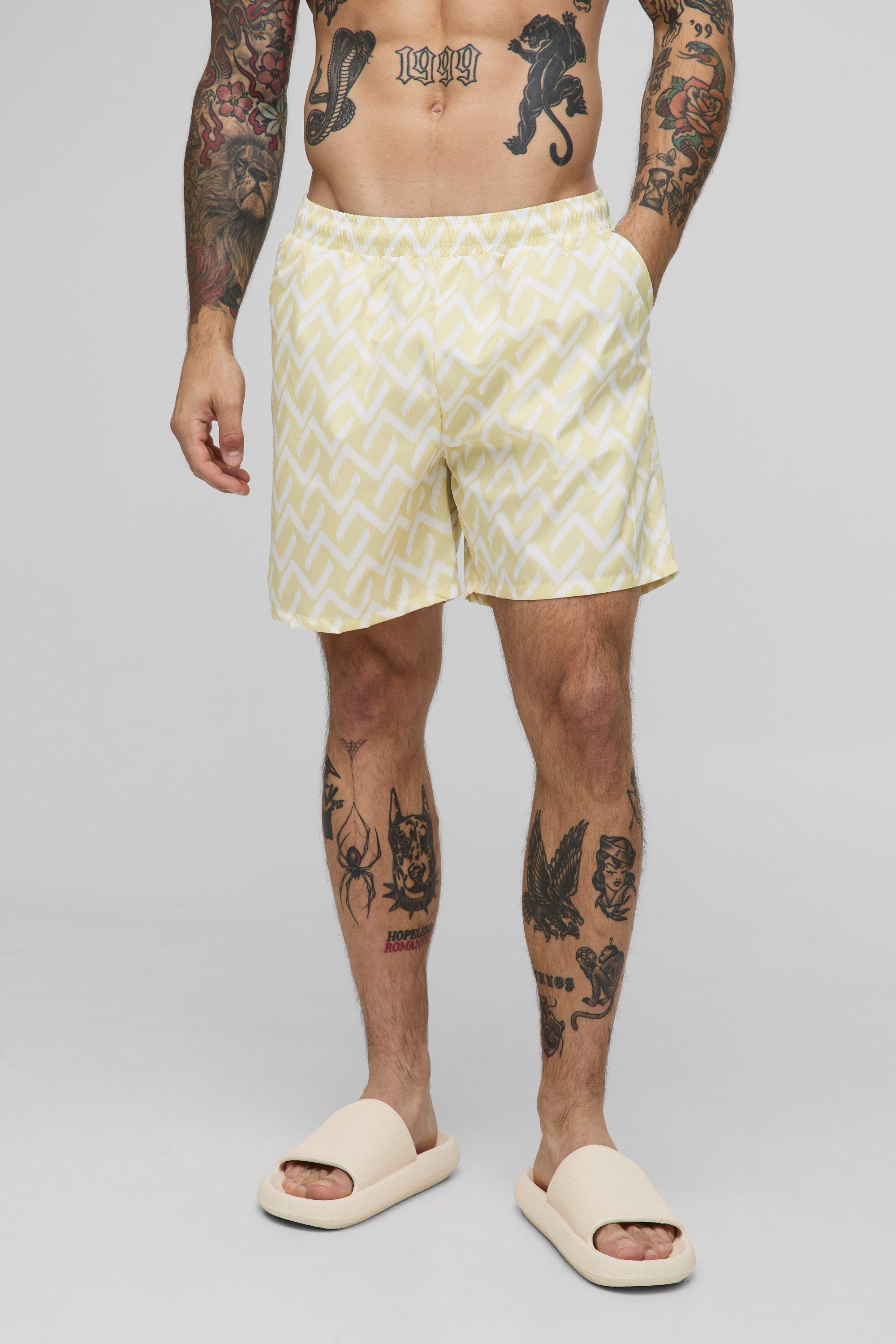 Mens Yellow Abstract Pattern Printed Mid Length Swim Short, Yellow