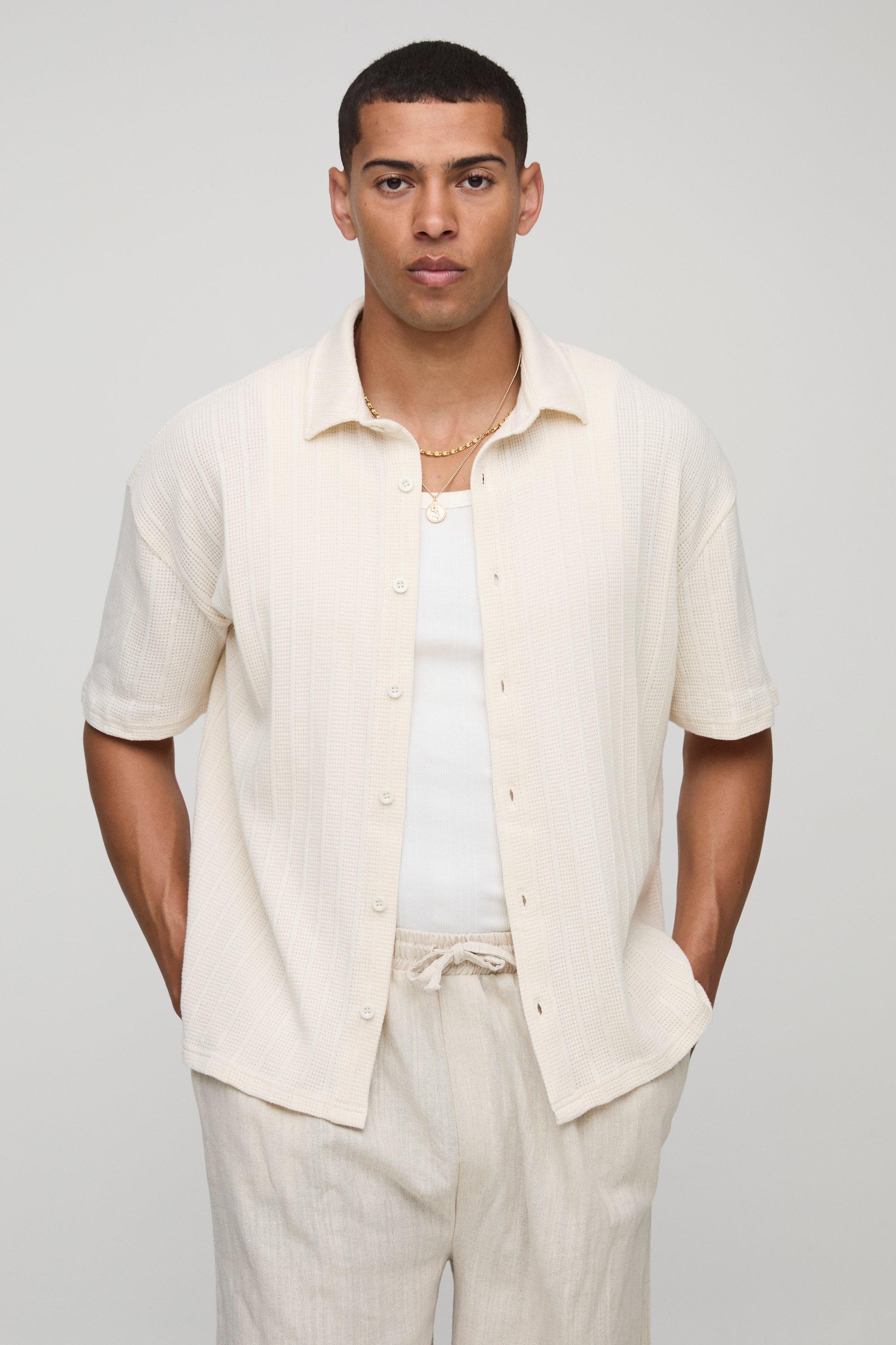 Mens Cream Ribbed Oversized Short Sleeve Shirt, Cream