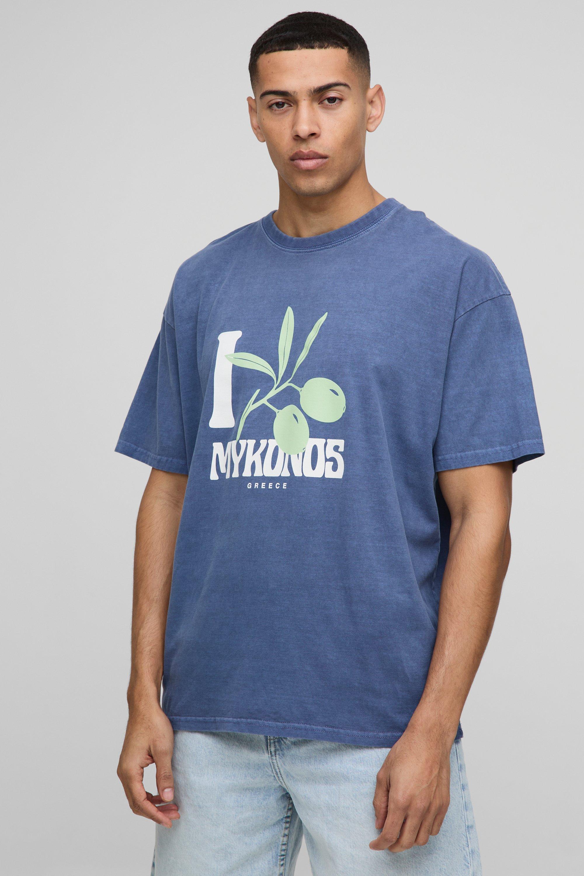 Mens Navy Oversized Mykonos Washed Printed T-Shirt, Navy