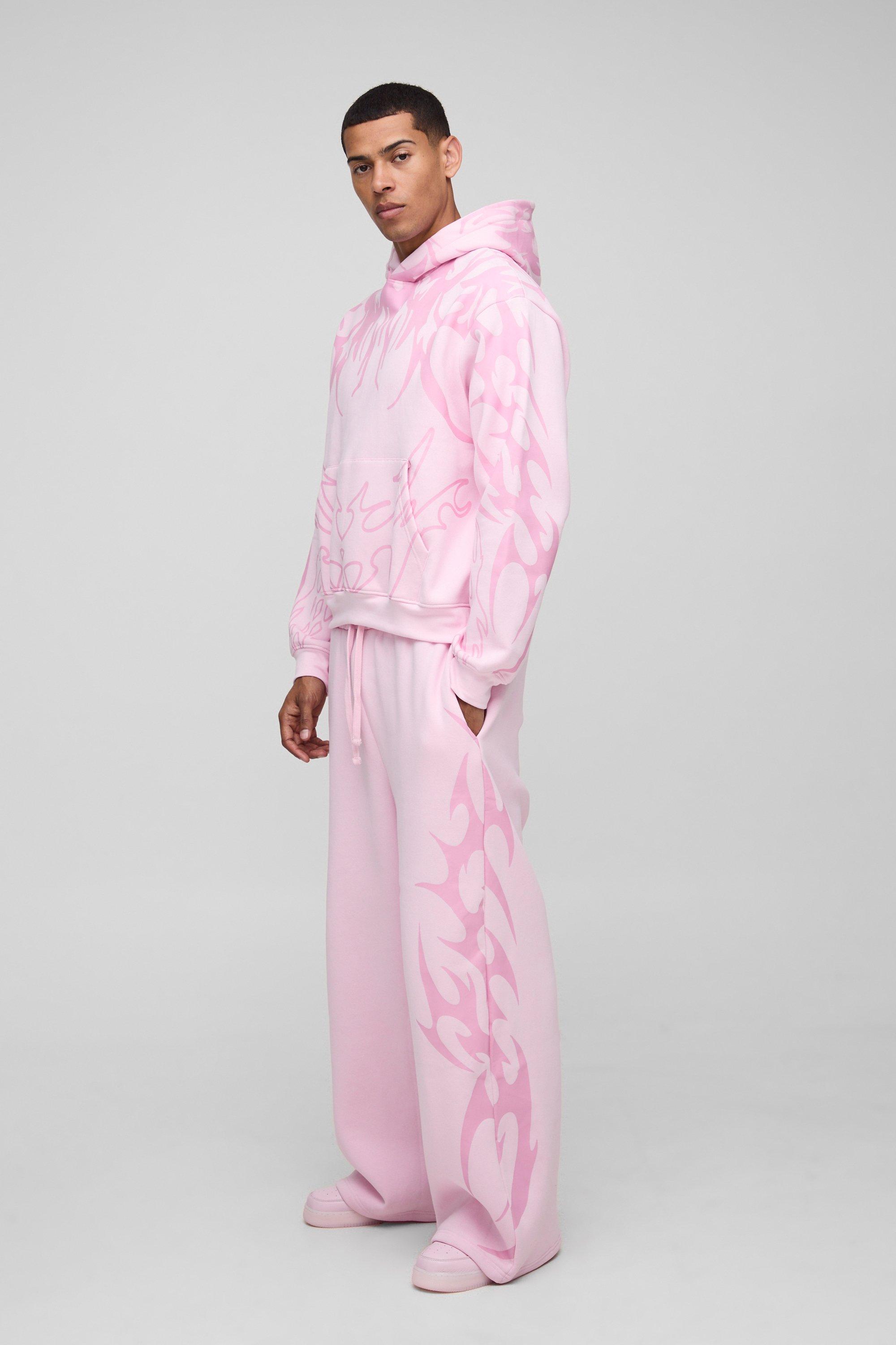 Mens Pink Oversized Boxy All Over Print Wide Leg Hooded Tracksuit, Pink