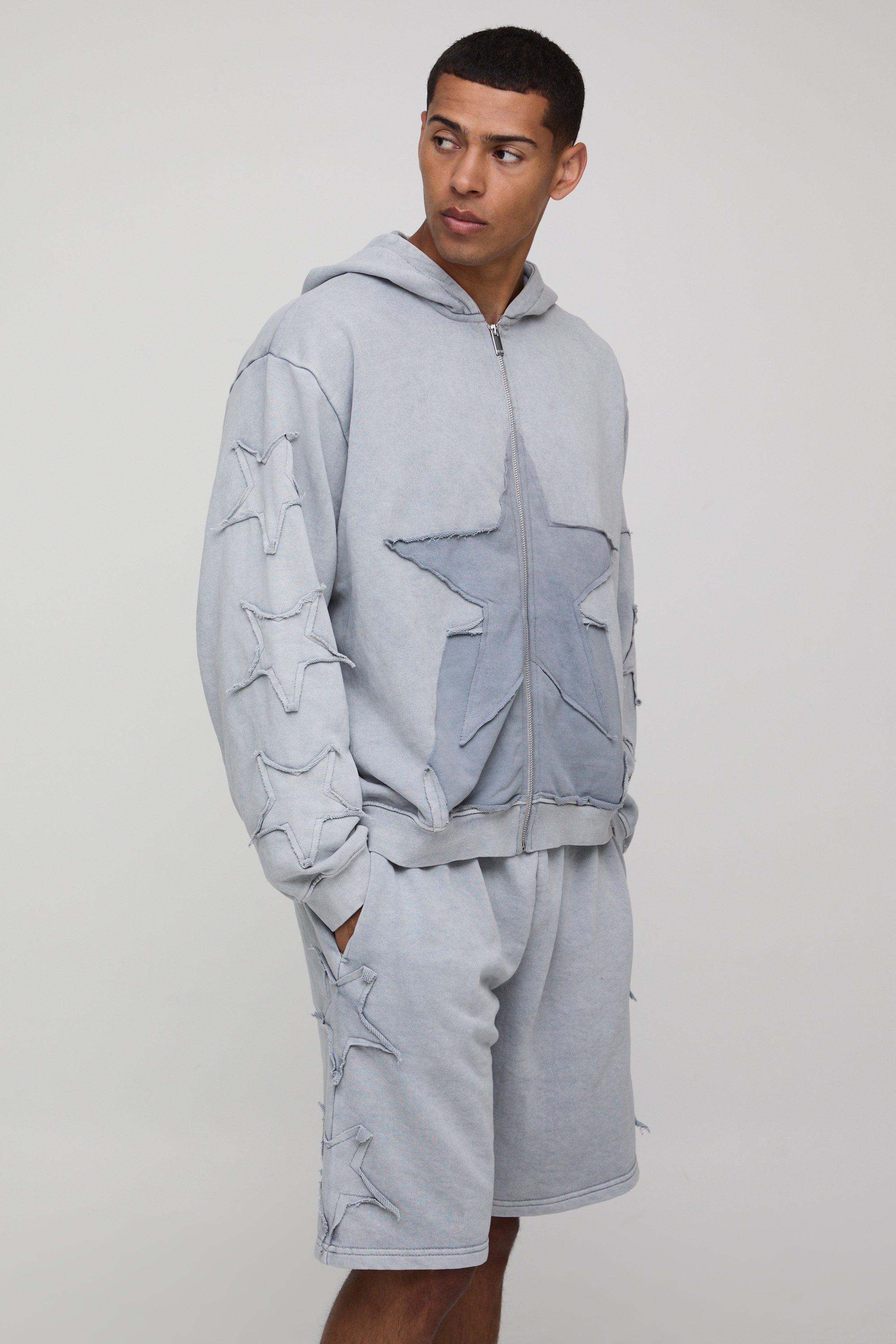 Mens Grey Oversized Boxy Short Hooded Zip Wash Tracksuit, Grey