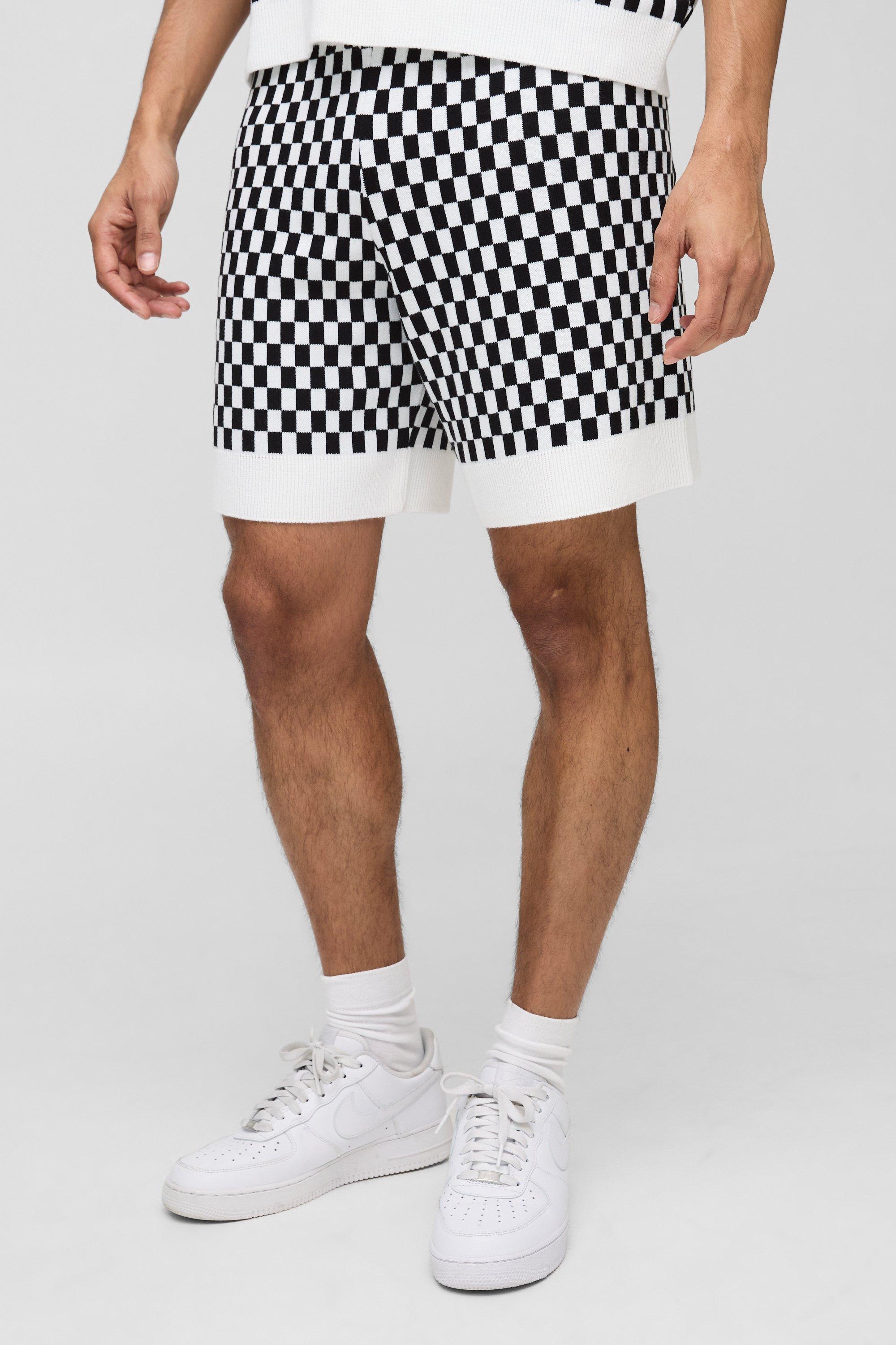 Mens Black Relaxed Jacquard Check Knitted Short, Black